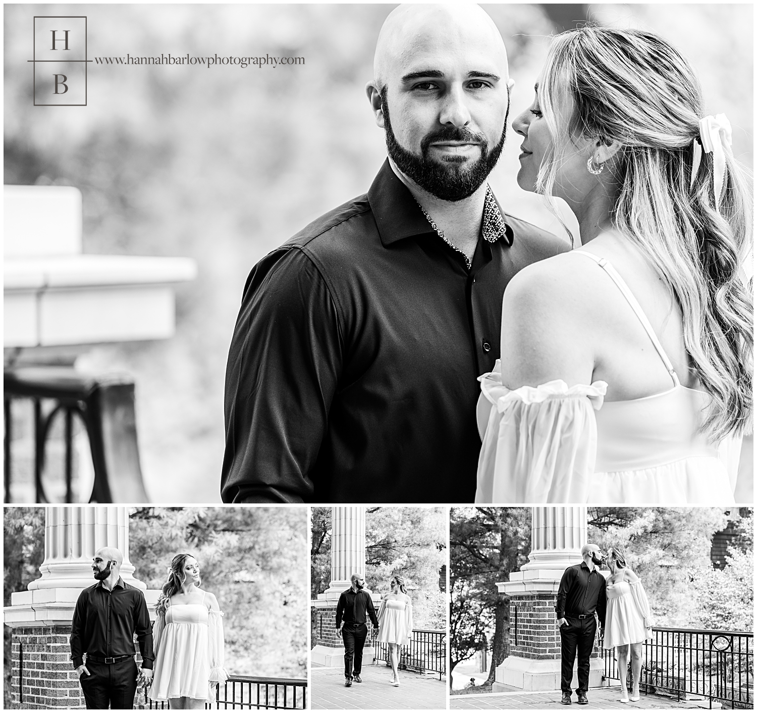 Black and white collage of engagement photos.