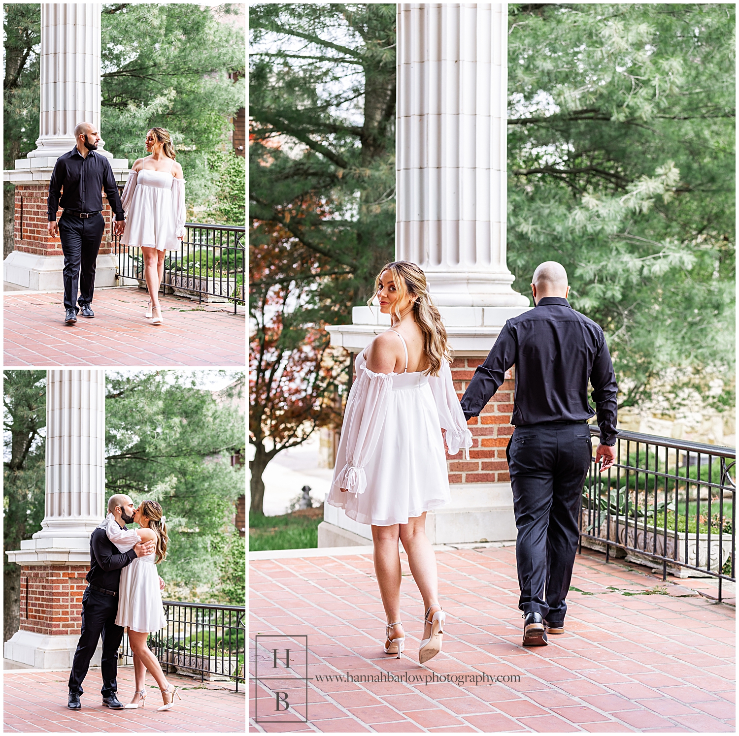 Couple walks and kisses for engagement photos