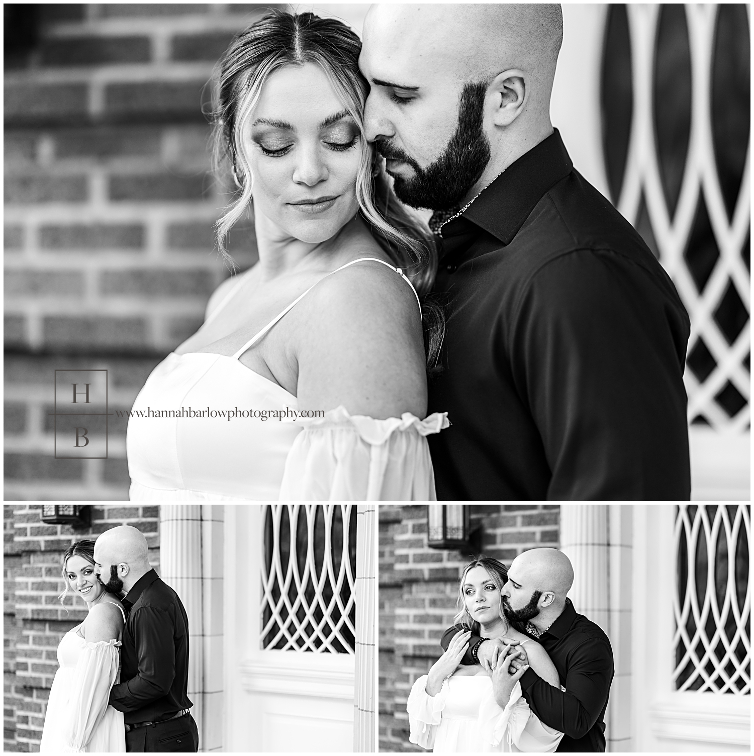 Black and white photos of man snuggling future wife wearing white dress.