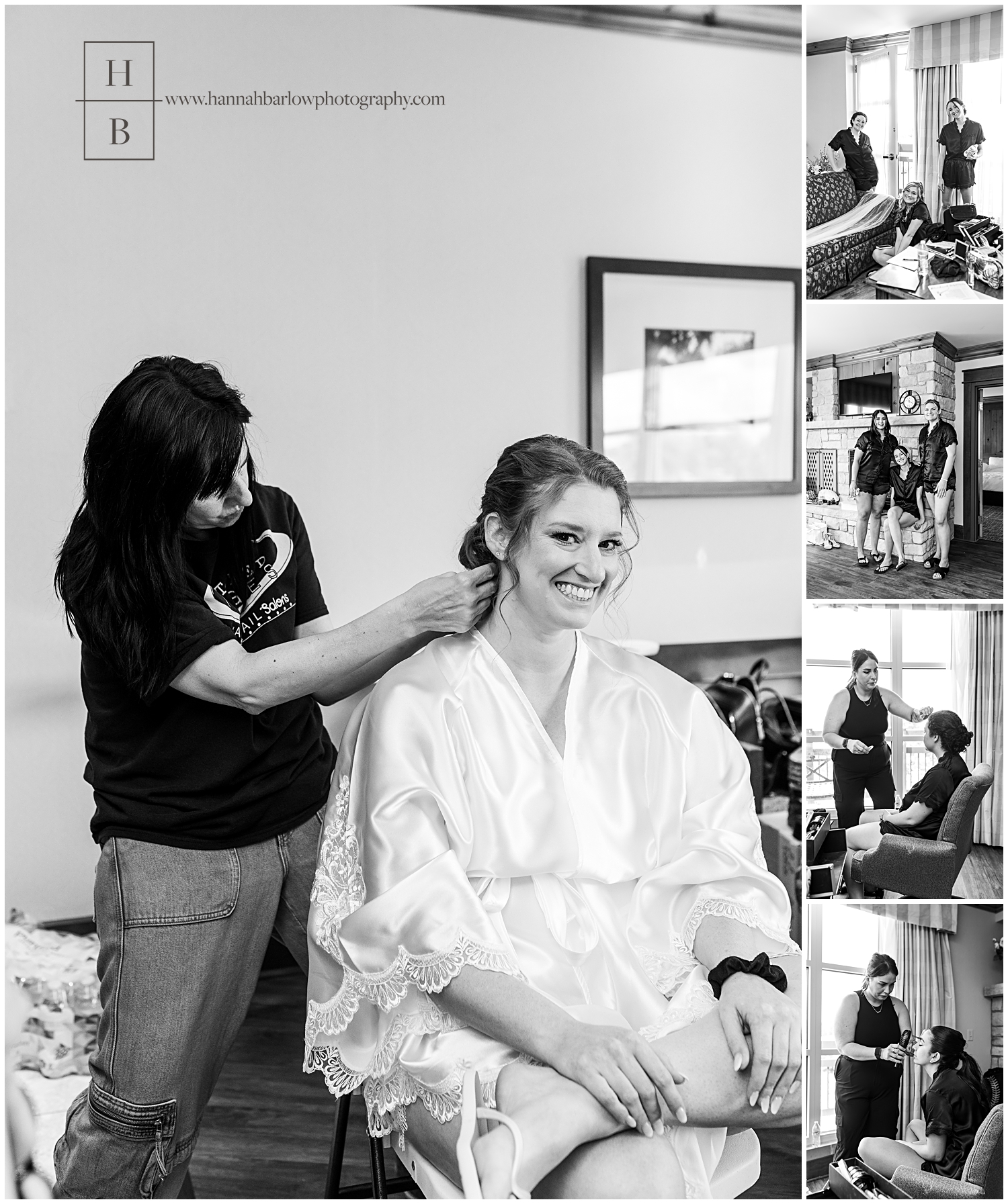 Black and white photos of bride getting hair and makeup done