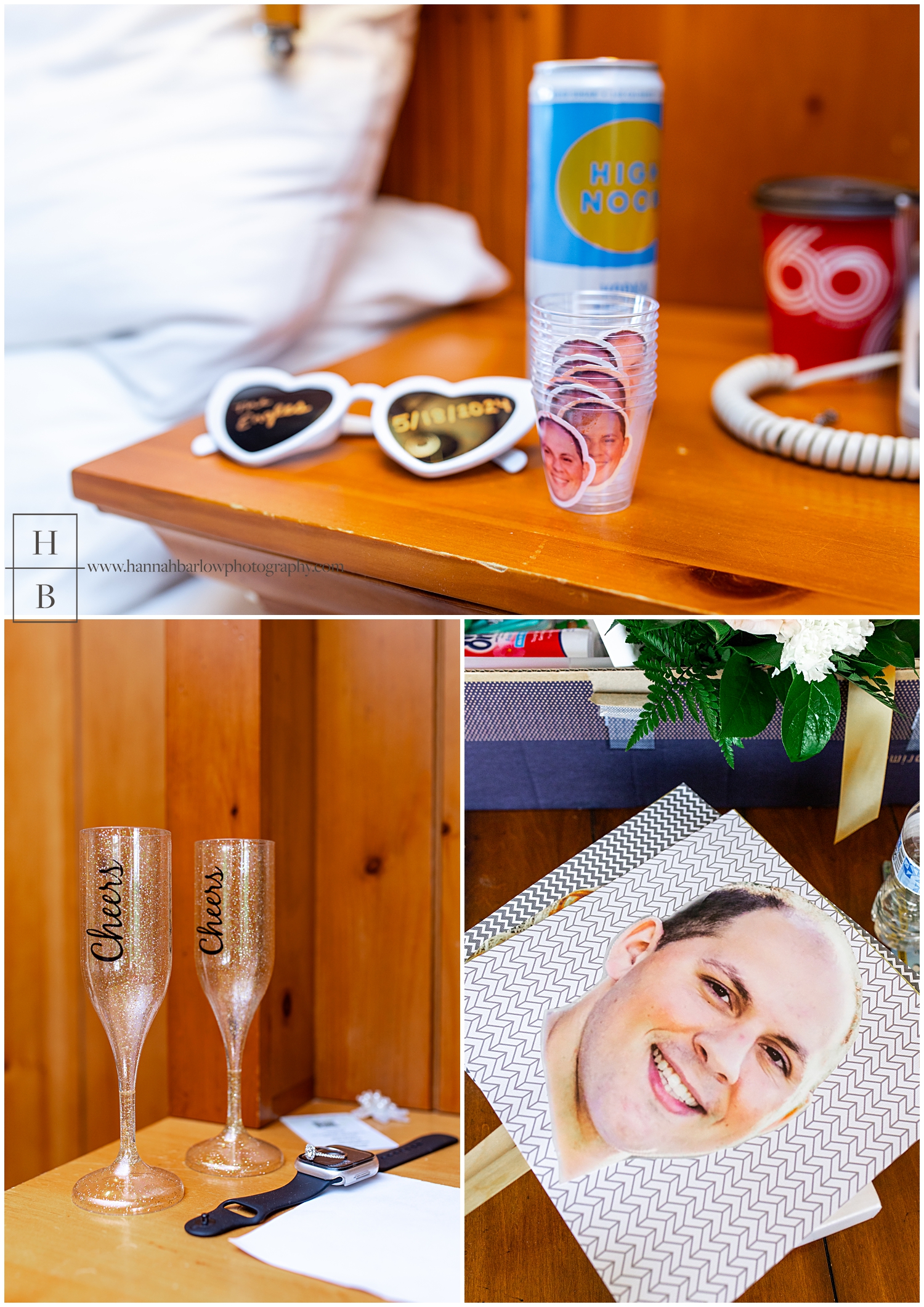 Wedding shot glasses and signs with groom's face