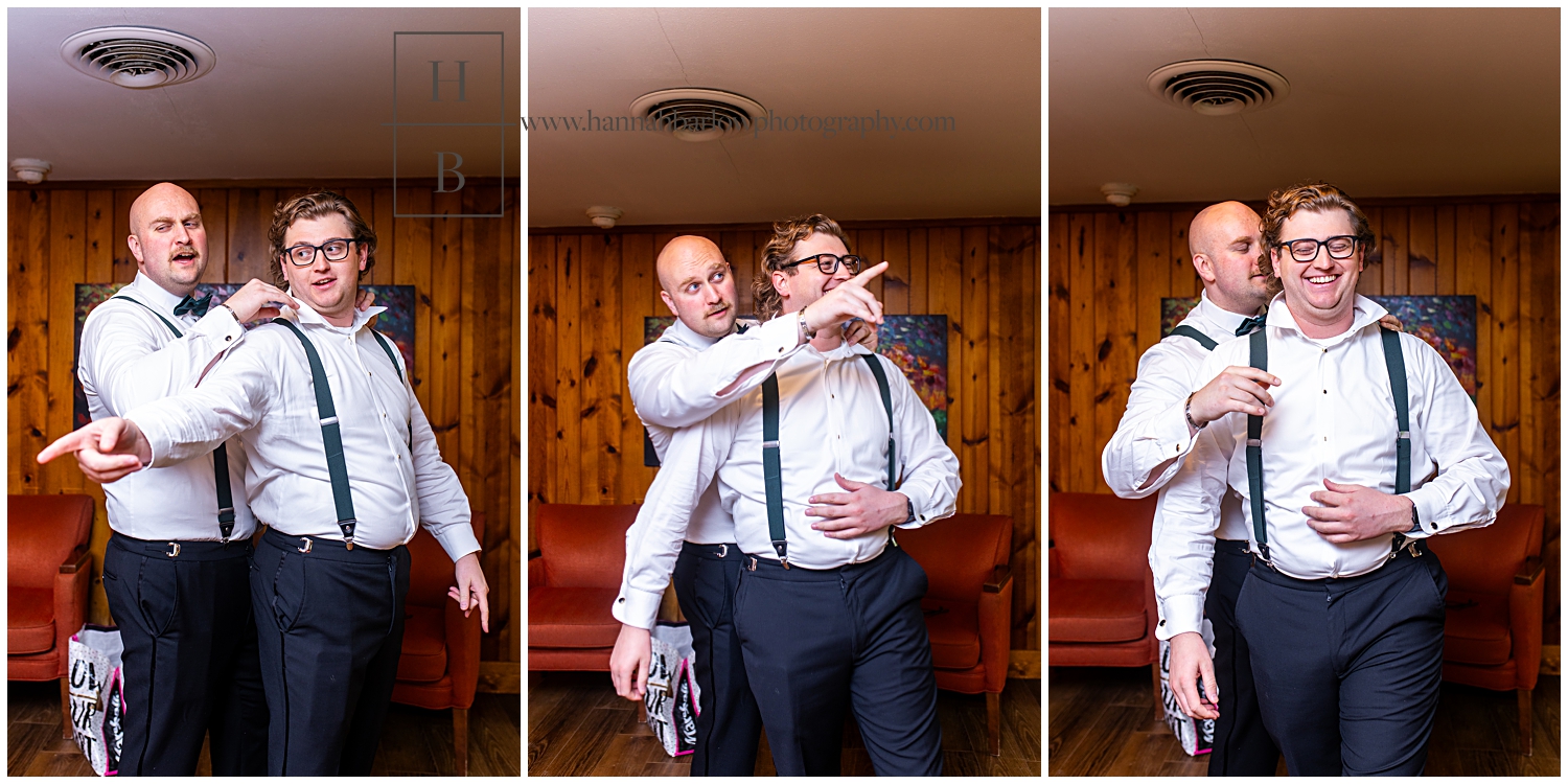 Groomsmen help one another get ready and joke around