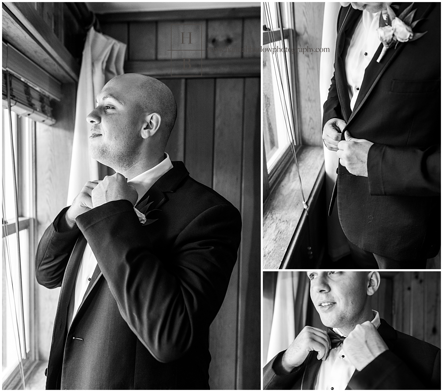 Black and white photos of groom by window gazing out and getting ready