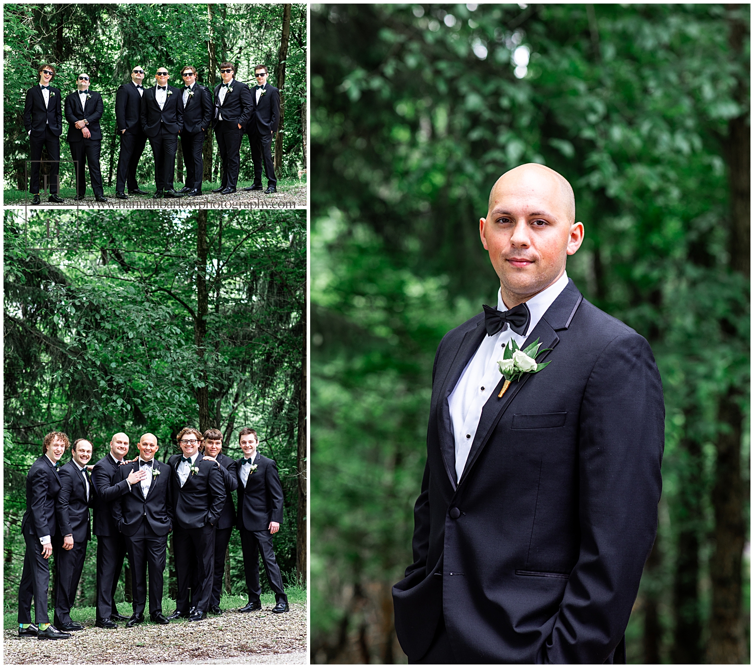 Groom and groomsmen in black tuxes pose for formal photos