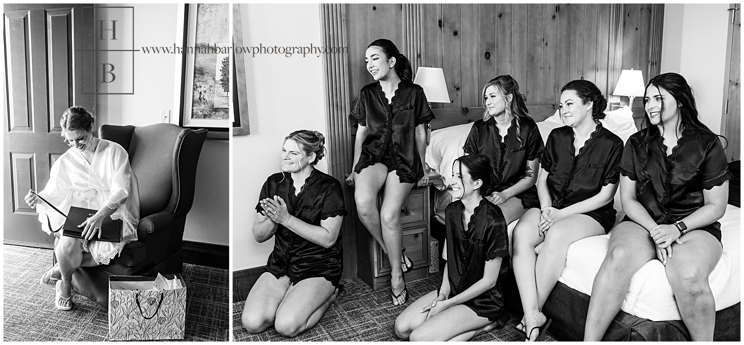 Black and white photos of bridesmaids watching bride open gift