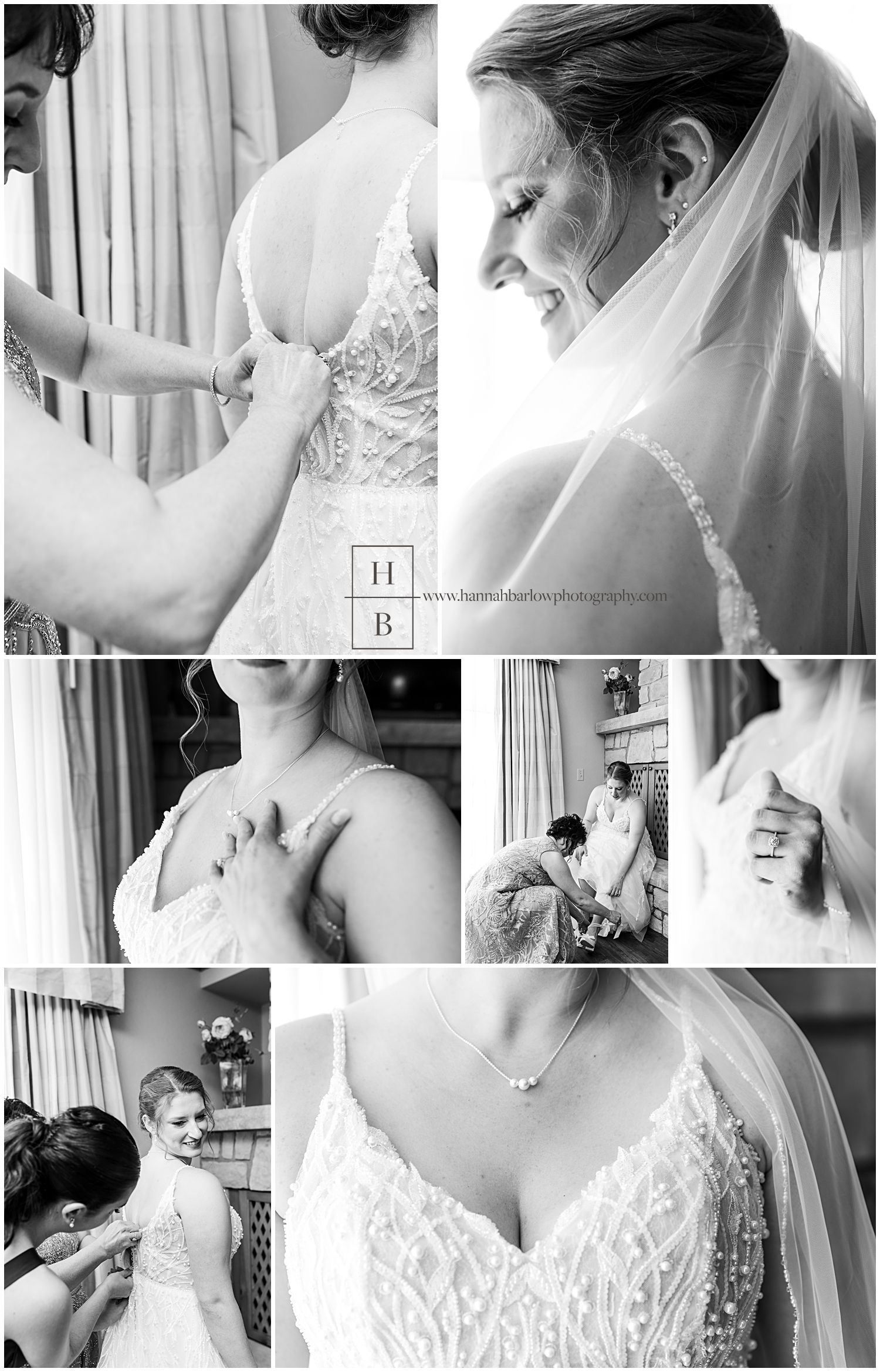 Black and white photos of mother of the bride and maid of honor helping bride get dressed