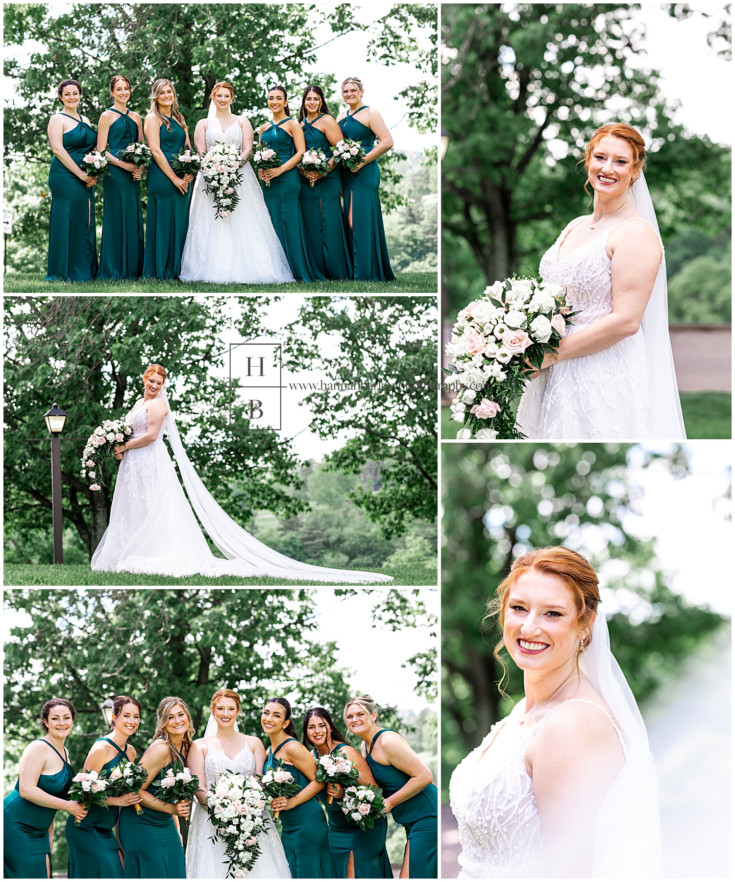 Bride and bridesmaids in pine green dresses pose for formal photos