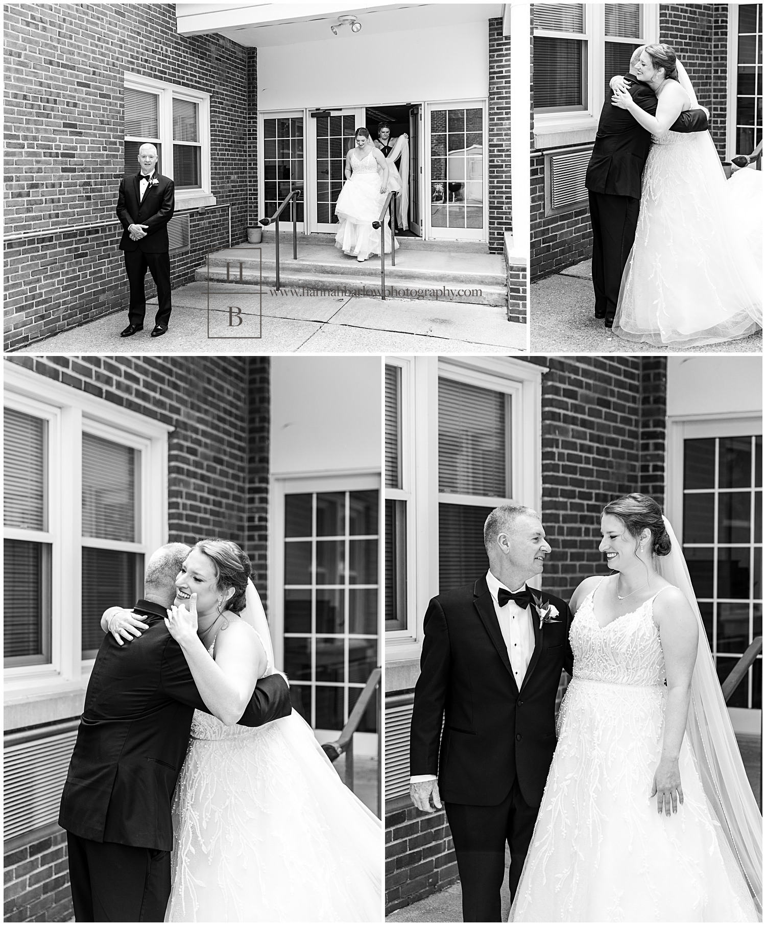 Black and white photos of bride having first look with father