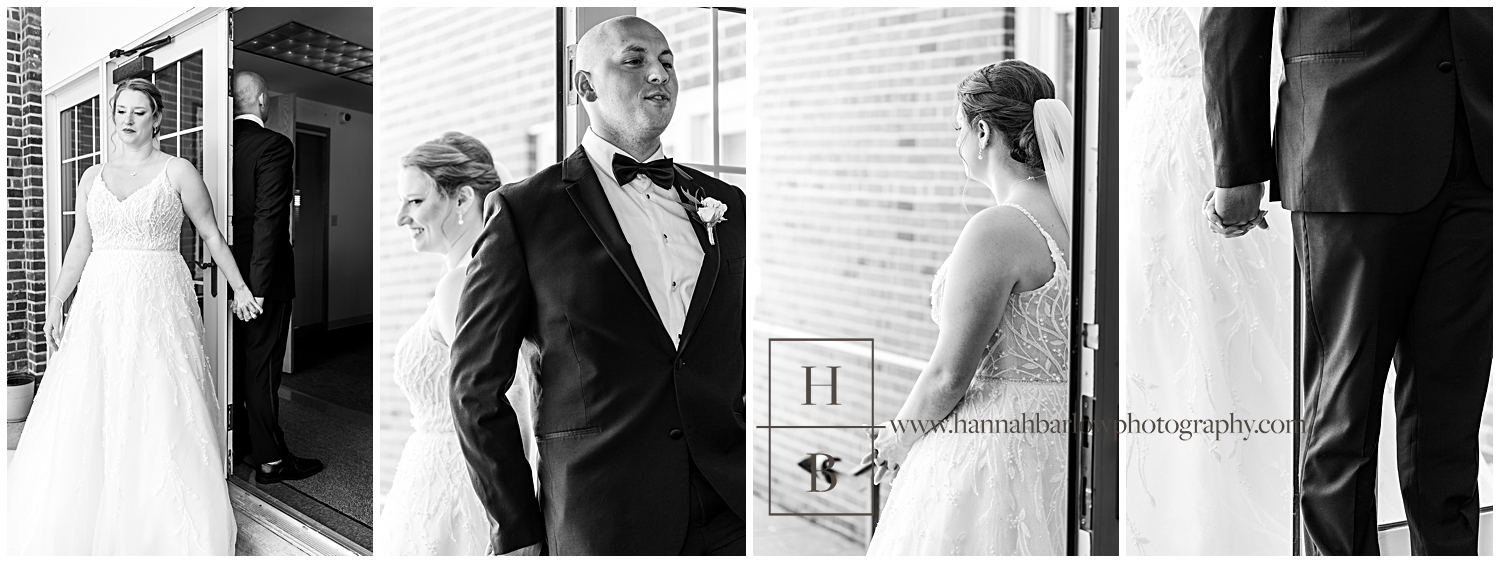 Black and white photos of bride and groom sharing a first touch moment