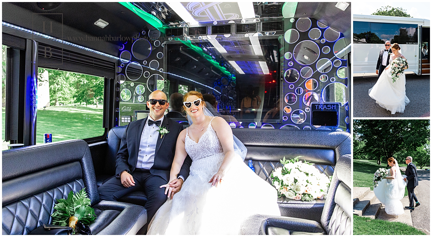 Bride and groom pose with sunglasses in limo and walk together