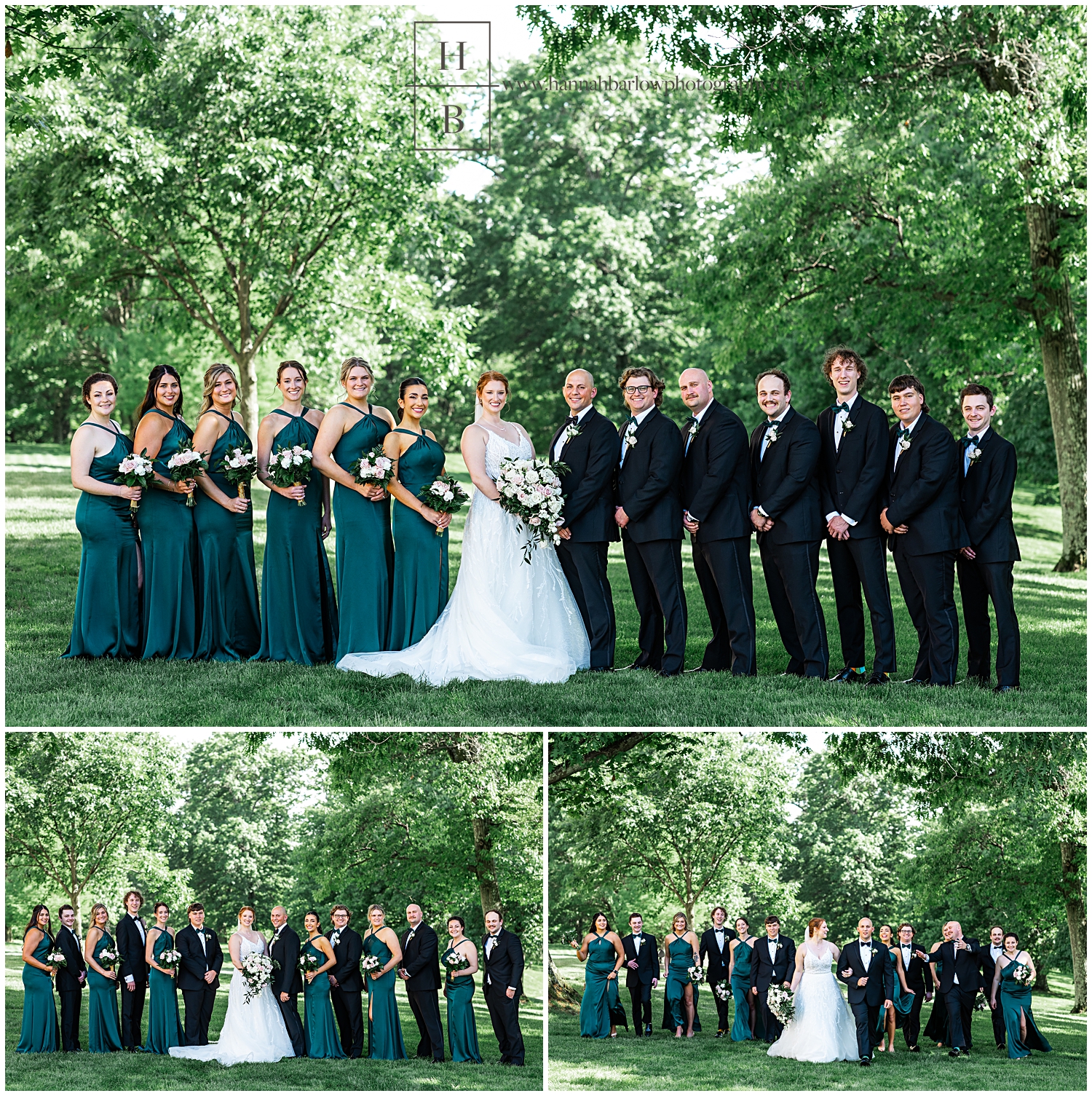 Full bridal party photos of men in black tuxes and women in pine green dresses