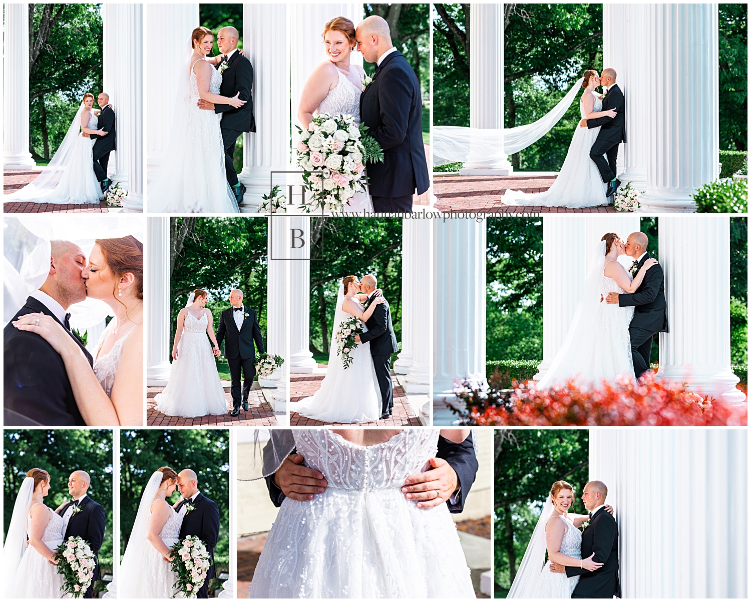 Bride and groom pose for photos by white pillars