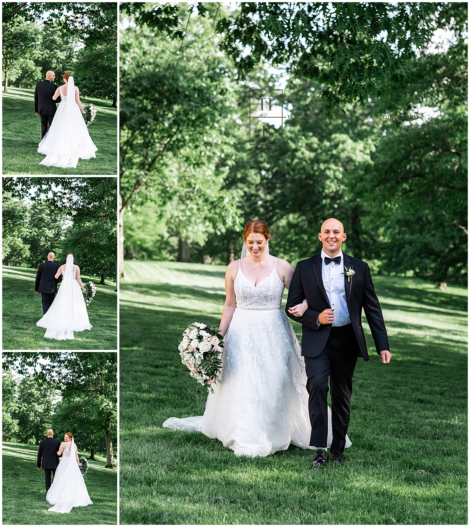 Bride and groom walk in grass in forest