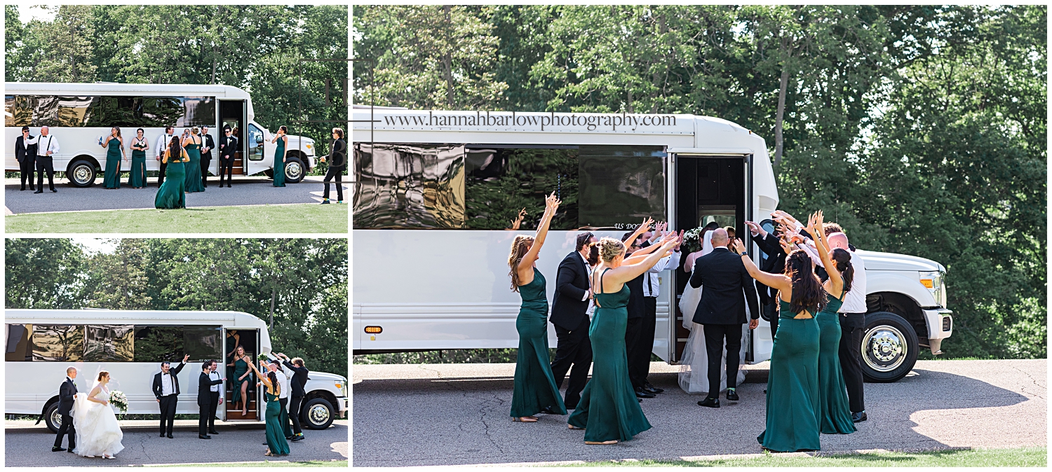 Bridal party dances and makes tunnel in front of limo