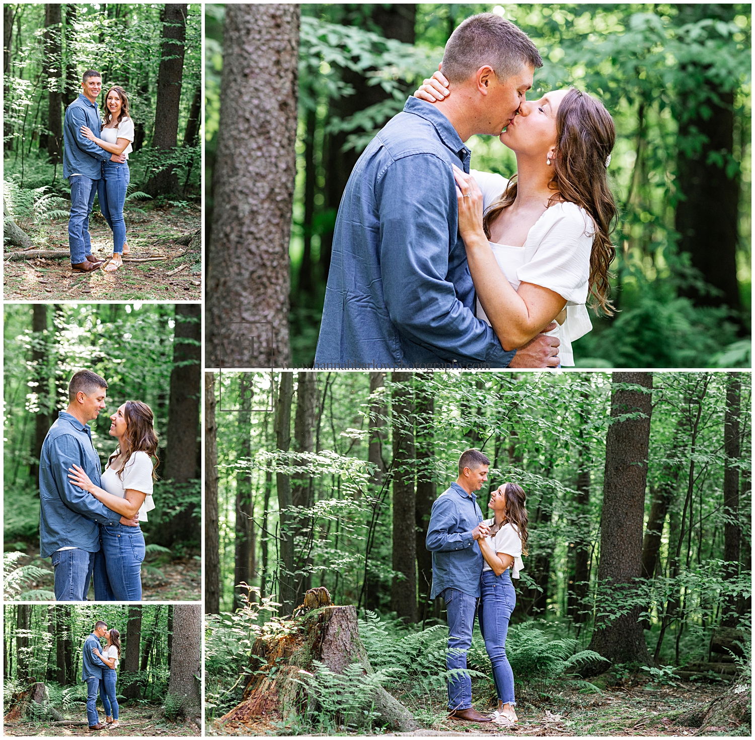 Man in blue shirts poses with fiancee in white shirt and jeans for engagement photos