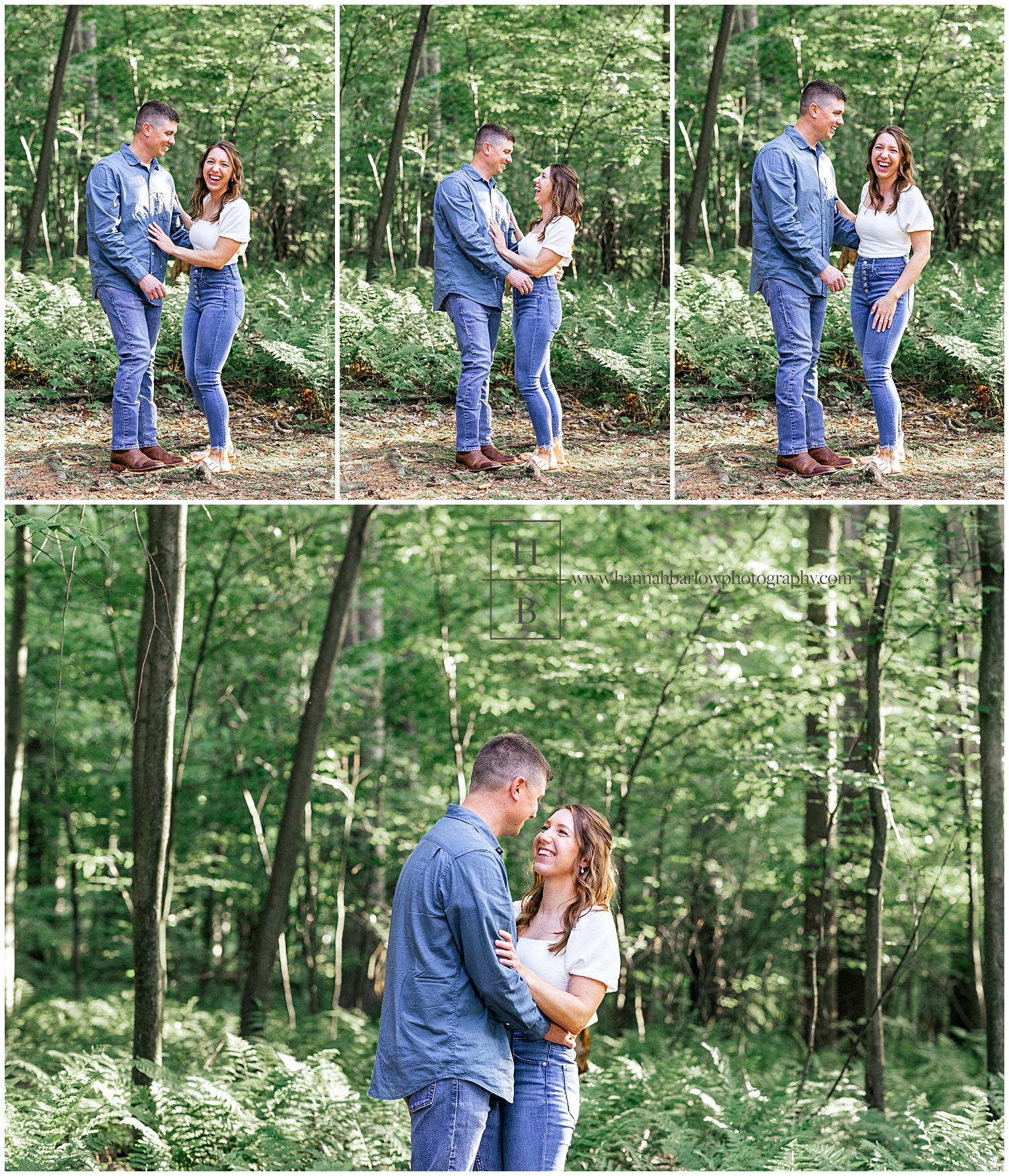 Collage of engagement photos with couple posing in forest