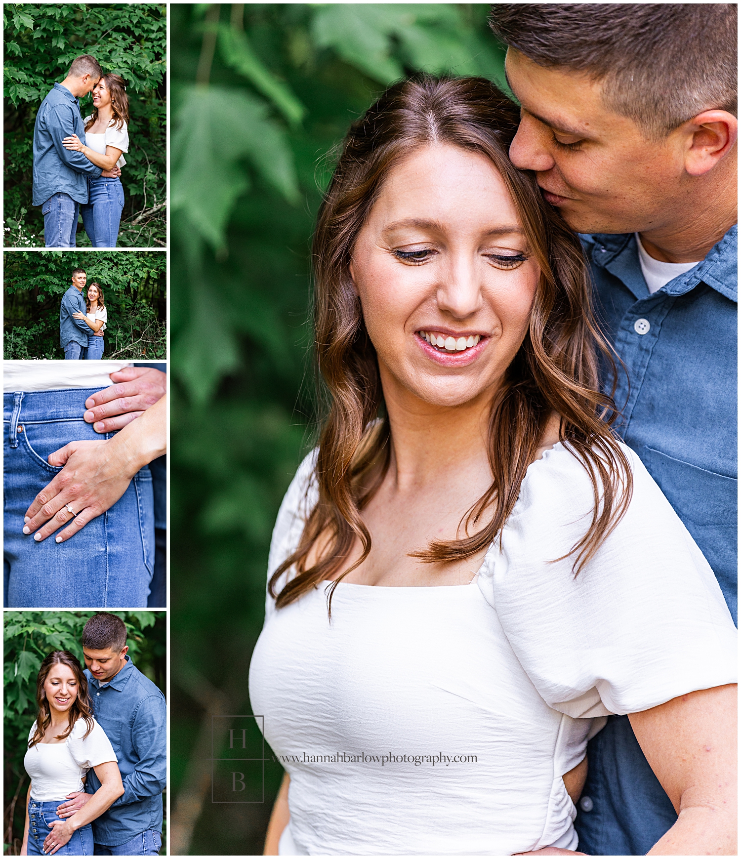 Man embraces fiancee on forest edge for engagement photos