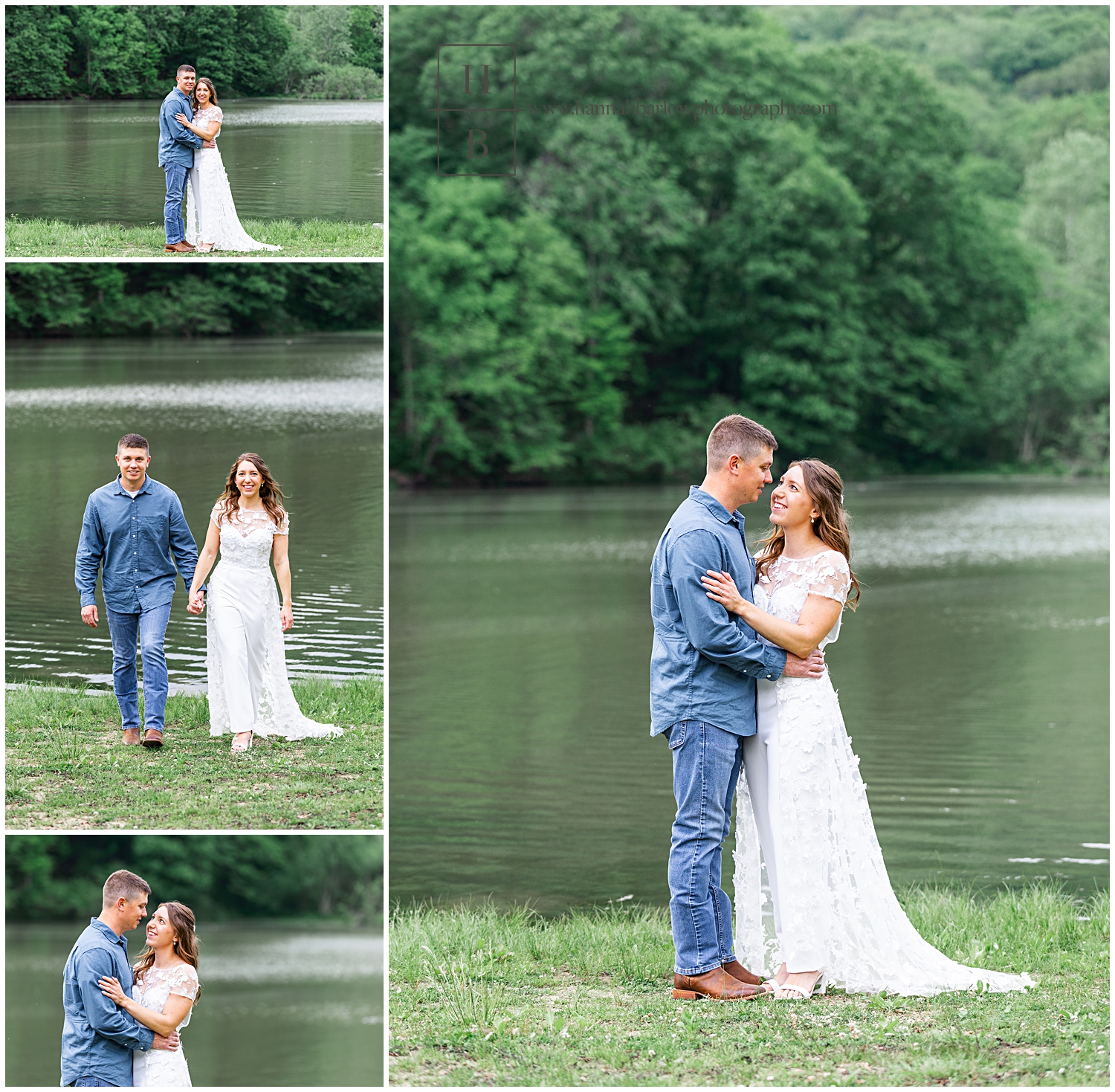 Man and woman pose by lake for engagement photos