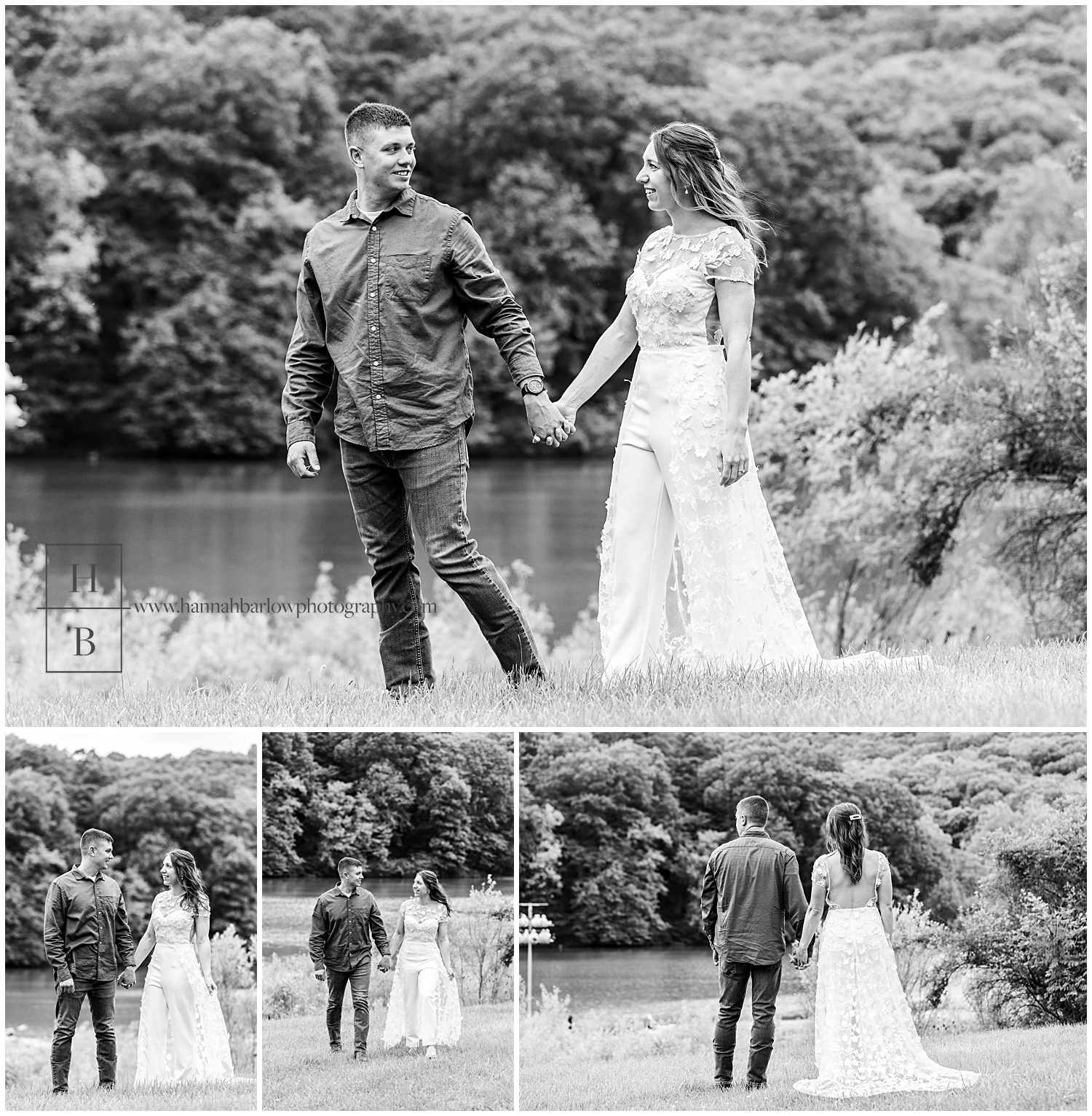 Black and white photos of man and woman holding hands for engagement photos