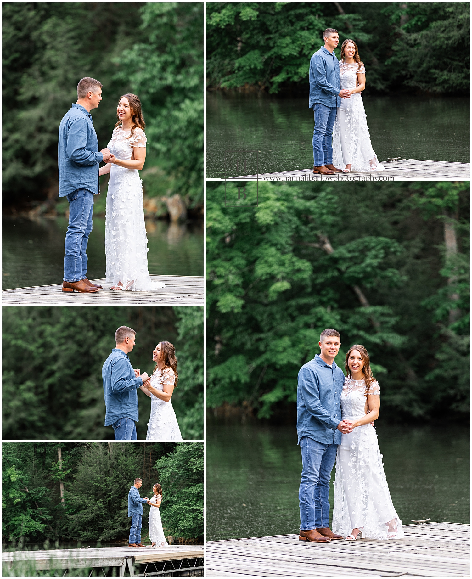 Man and woman stand on dock for engagement photos