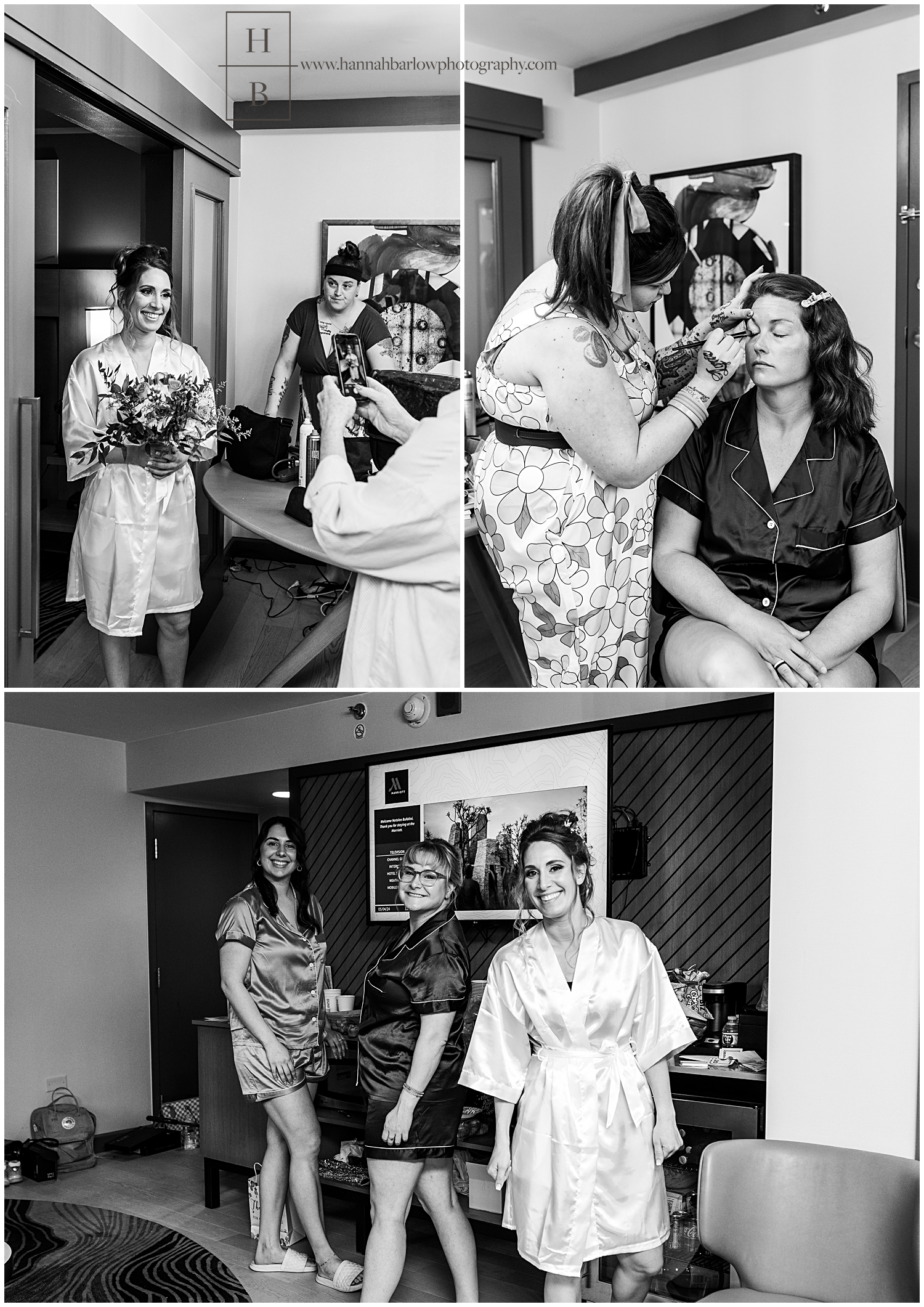 Black and white photos of bride and bridesmaids getting ready