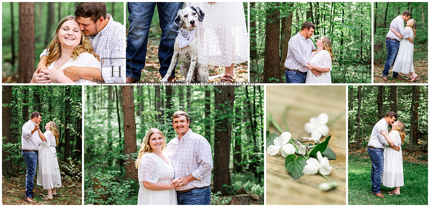 Collage of couple's engagement photos in the forest