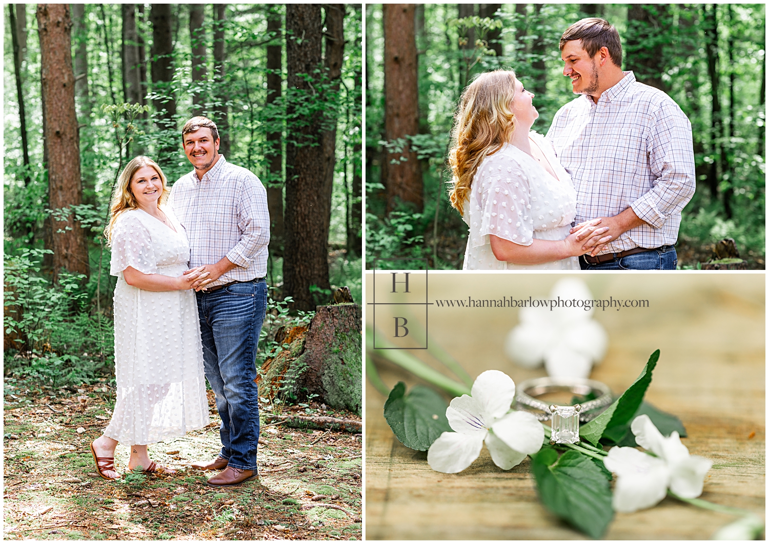 Lady in white dress stands with man in plaid shirt for engagement photos in the forest