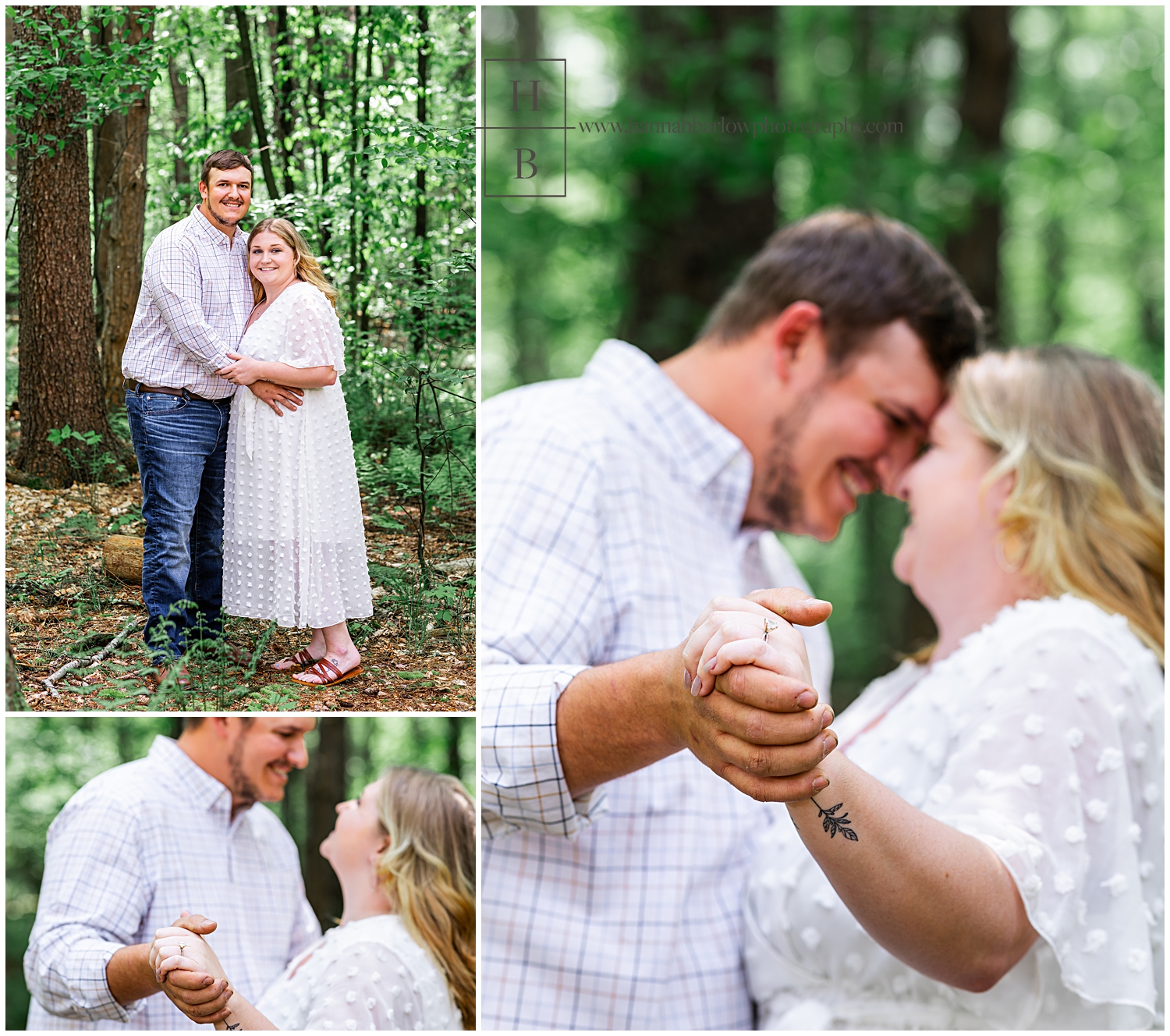 Man and woman embrace in forest for engagement photos