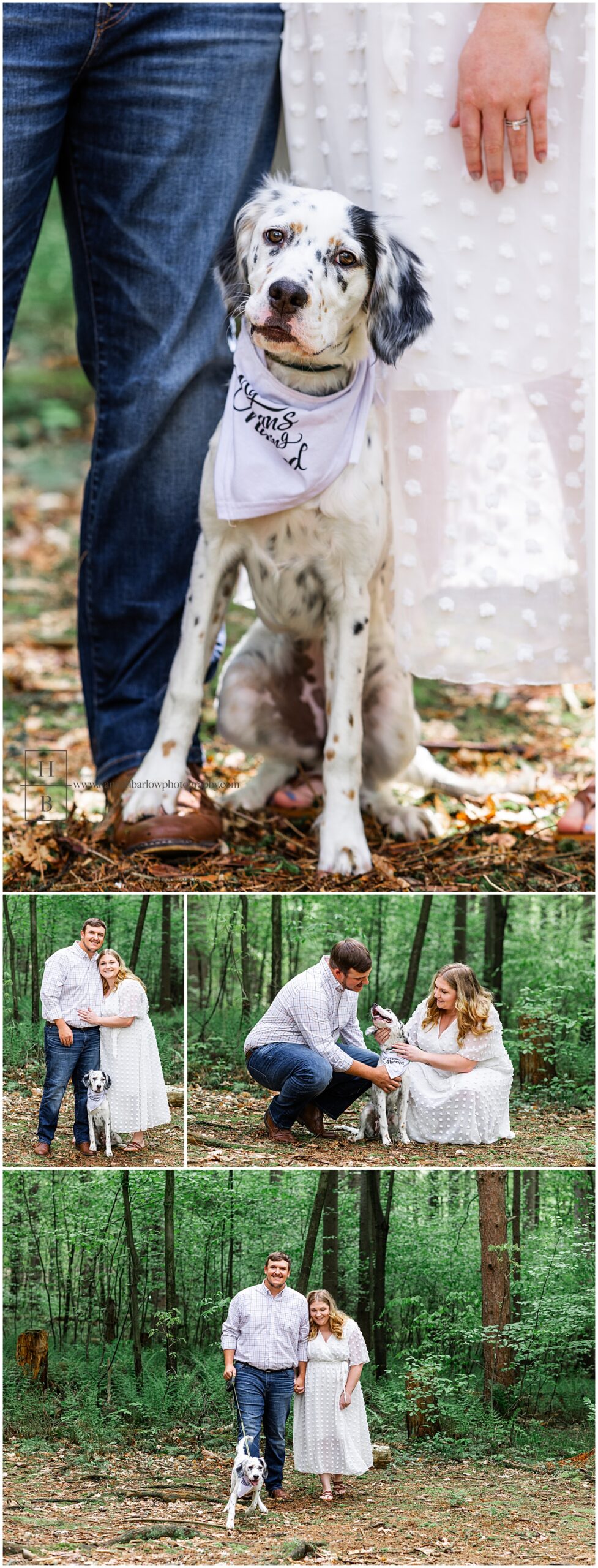 Couple poses with dog wearing handkerchief for engagement photos.