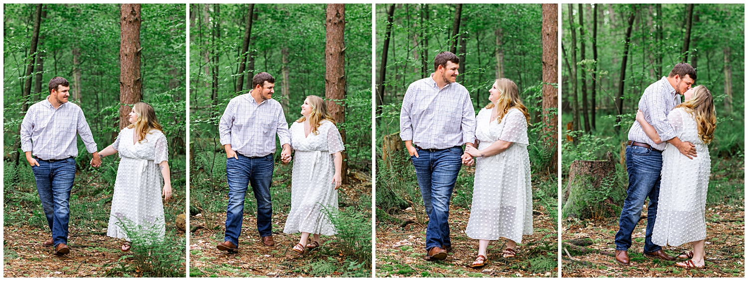 Couple walks in forest for engagement photos