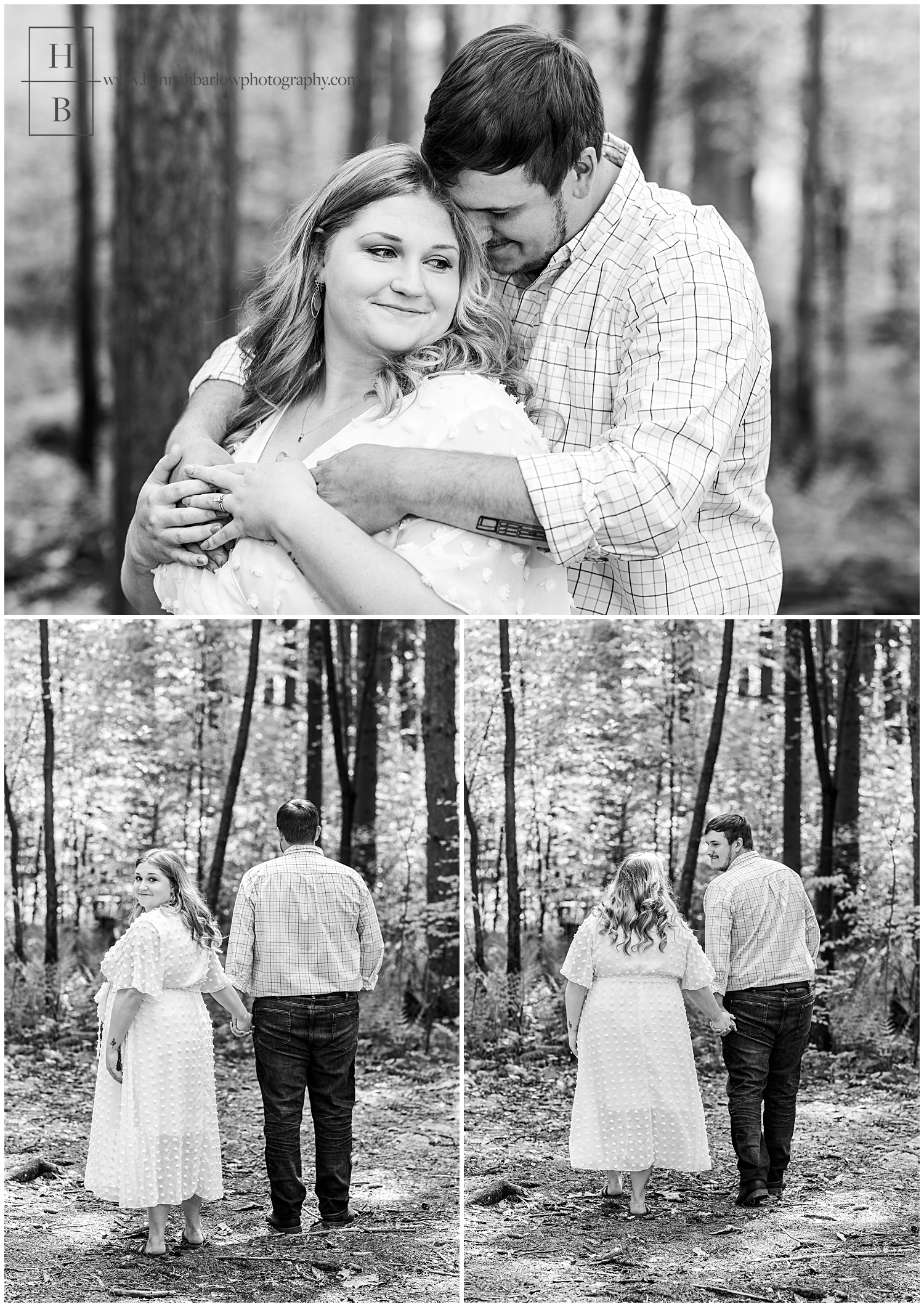 Black and white photos of couple embracing in forest for engagement photos