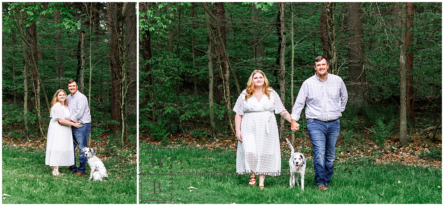 Couple poses and walks with dog for engagement photos