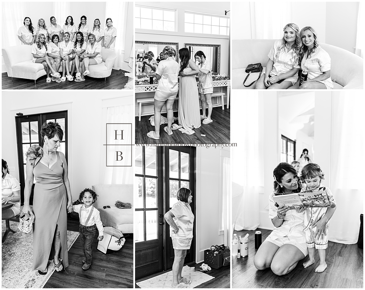 Black and white photos of brie and bridesmaids mingling in bridal suite