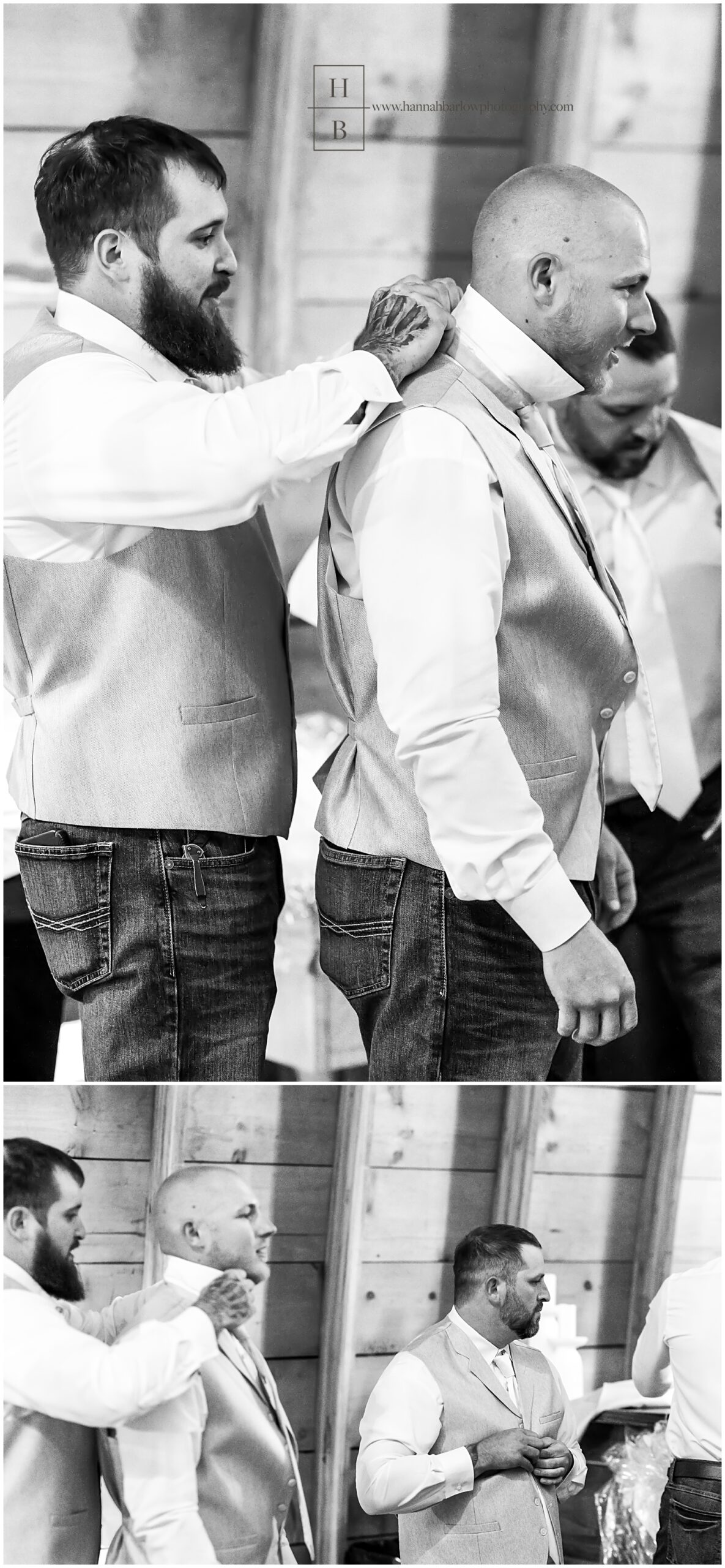 Black and white photos of groomsmen helping one another adjust suits