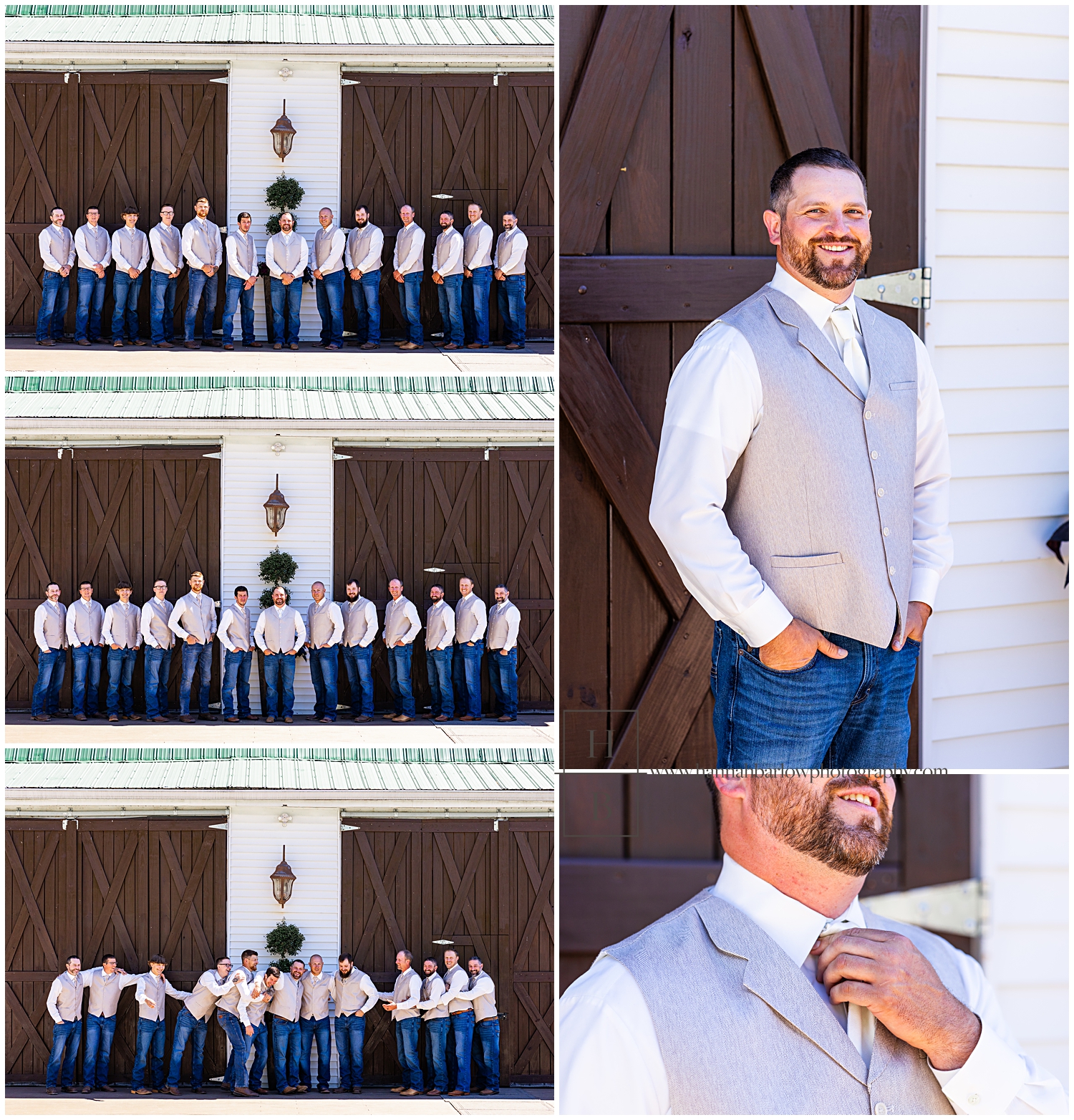 Groom and groomsmen pose in front of brown barn doors