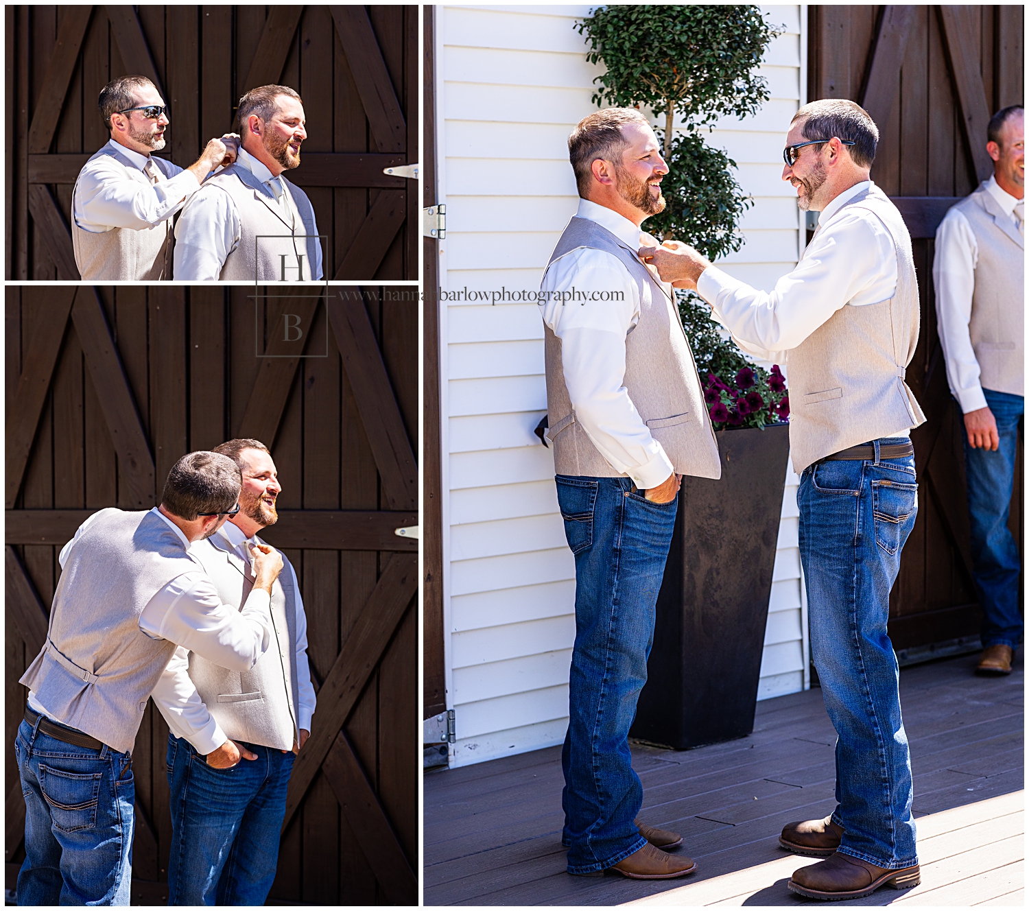 Groomsmen help groom adjust tie and belt