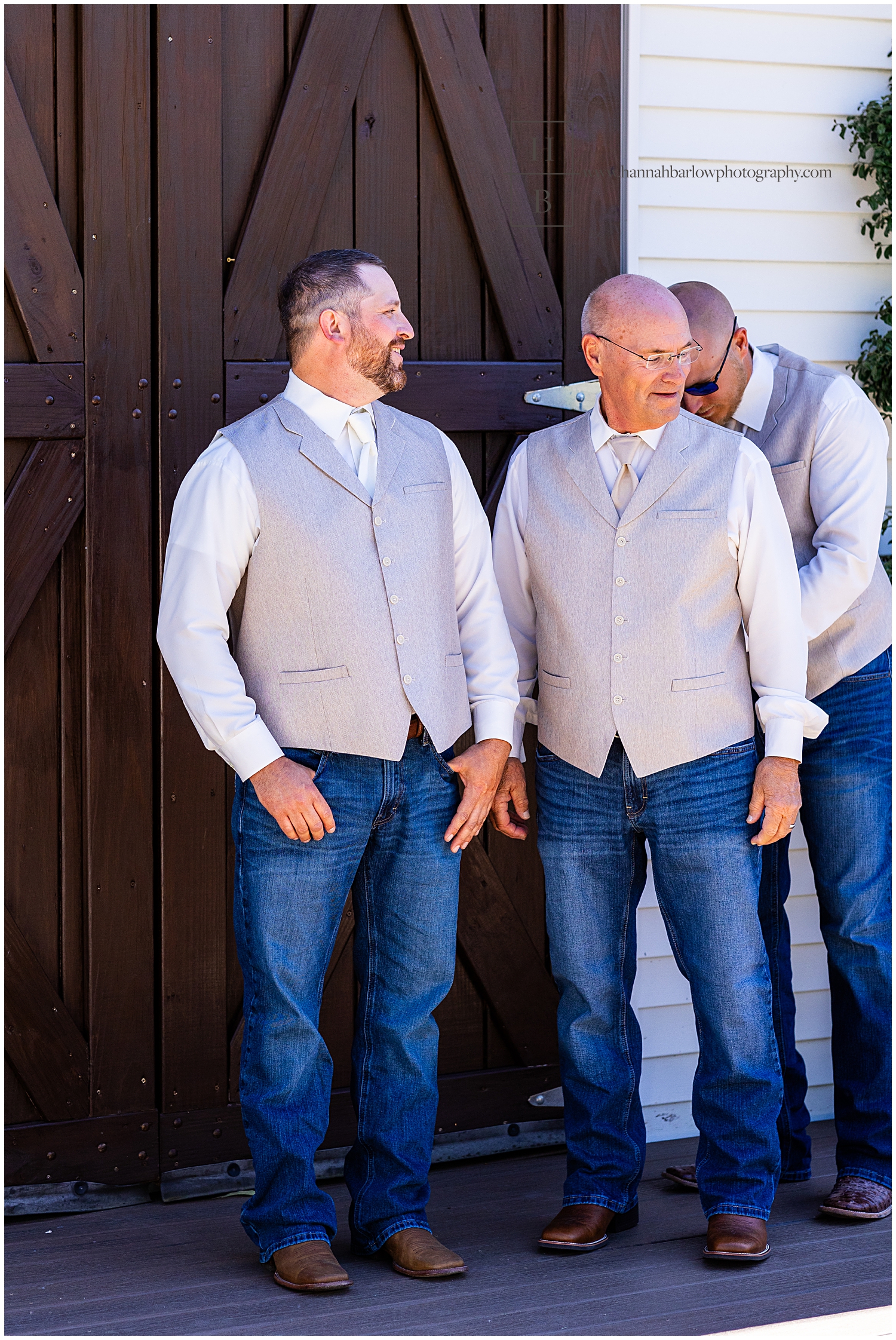 Groomsmen help father adjust belt