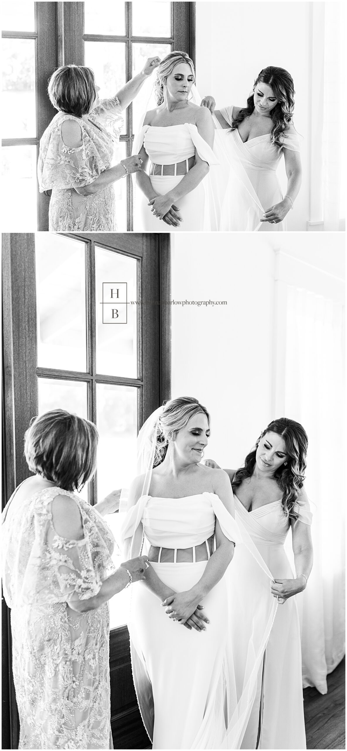 Black and white photos of bride and sister helping her get ready