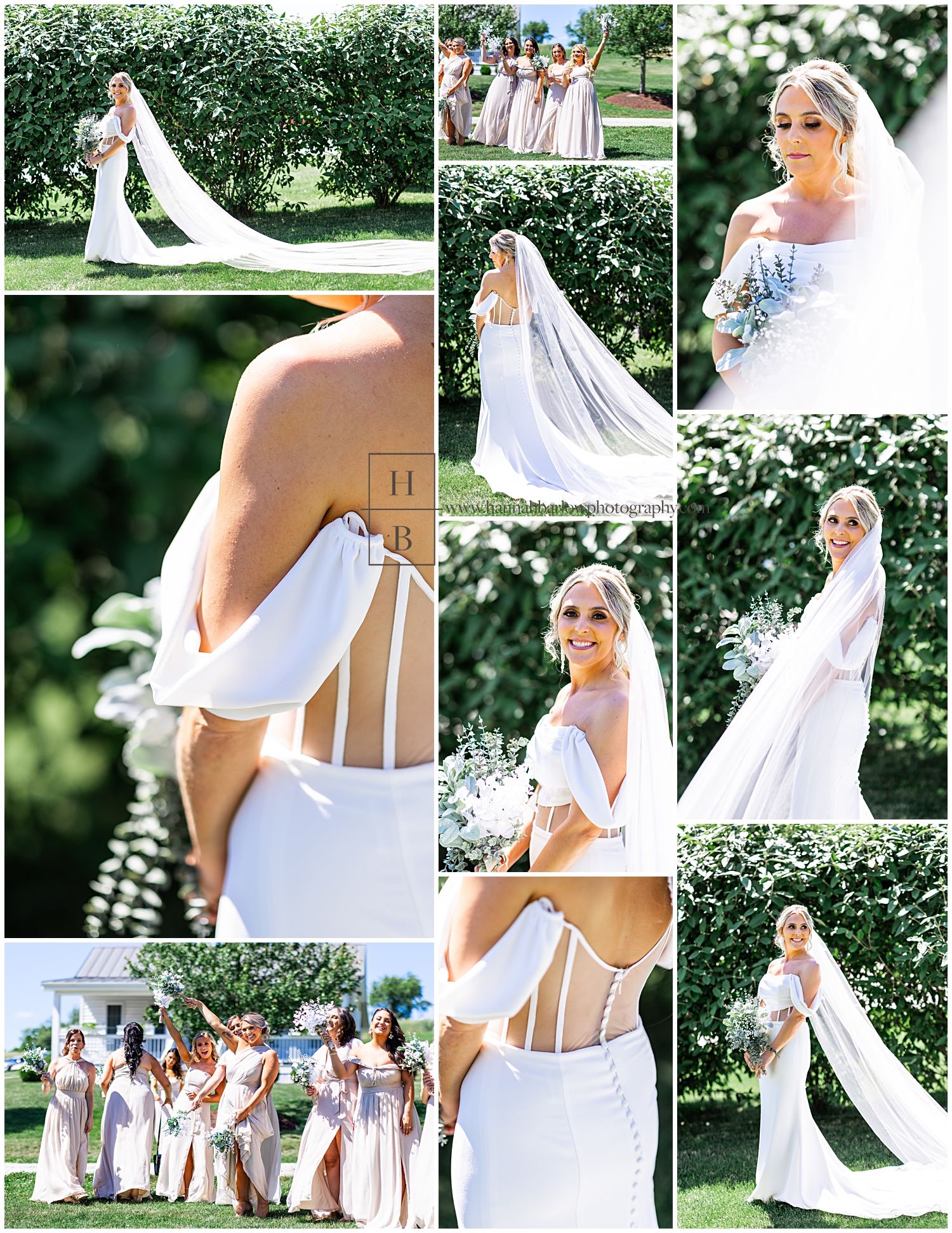 Bride poses in front of green bushes for bridal formals