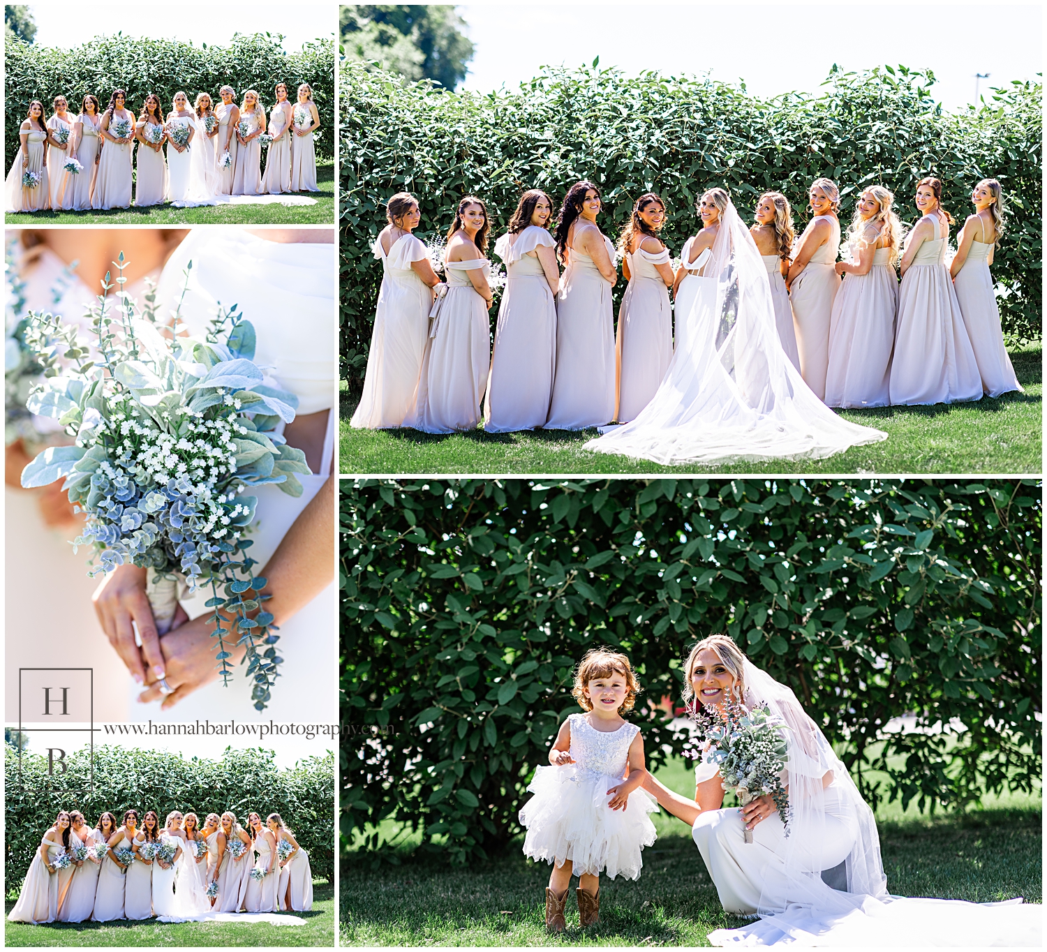 Bride poses with bridesmaids and flower girl in front of green bushes