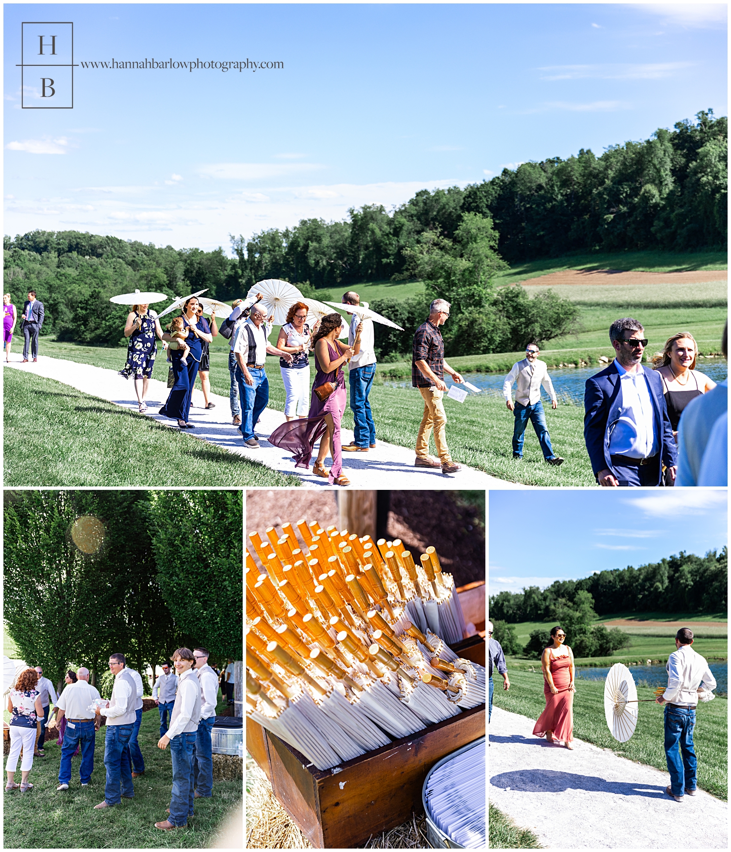 Guests arrive to wedding ceremony holding parasols