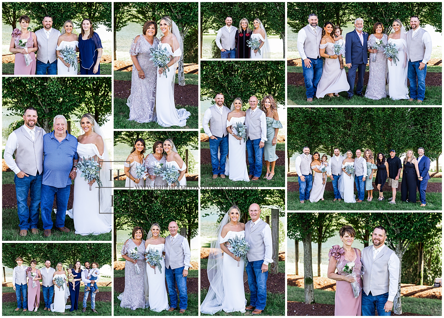 Outdoor family photos in front of trees