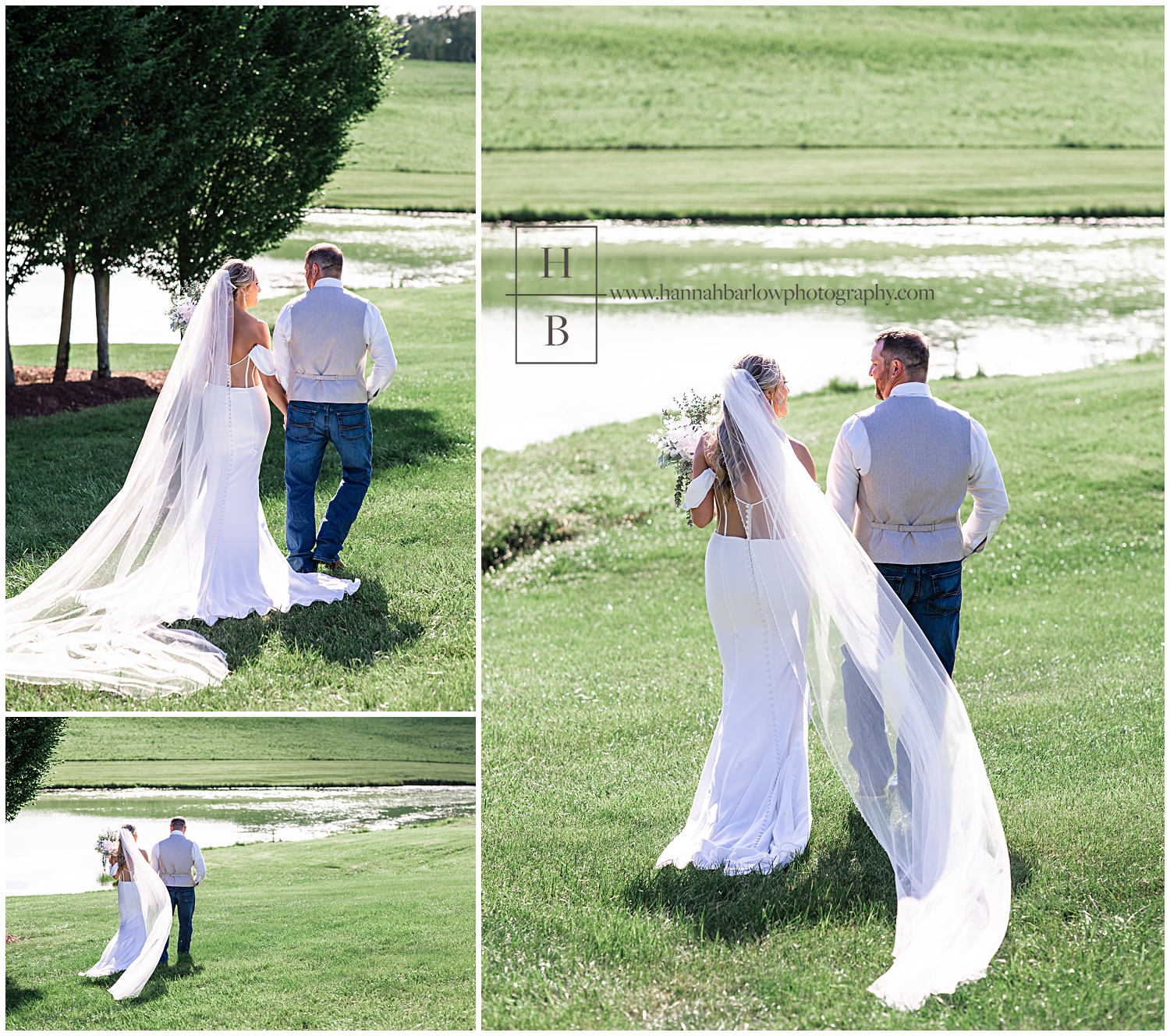 Bride and groom walk hand in hand toward lake veil blows in wind