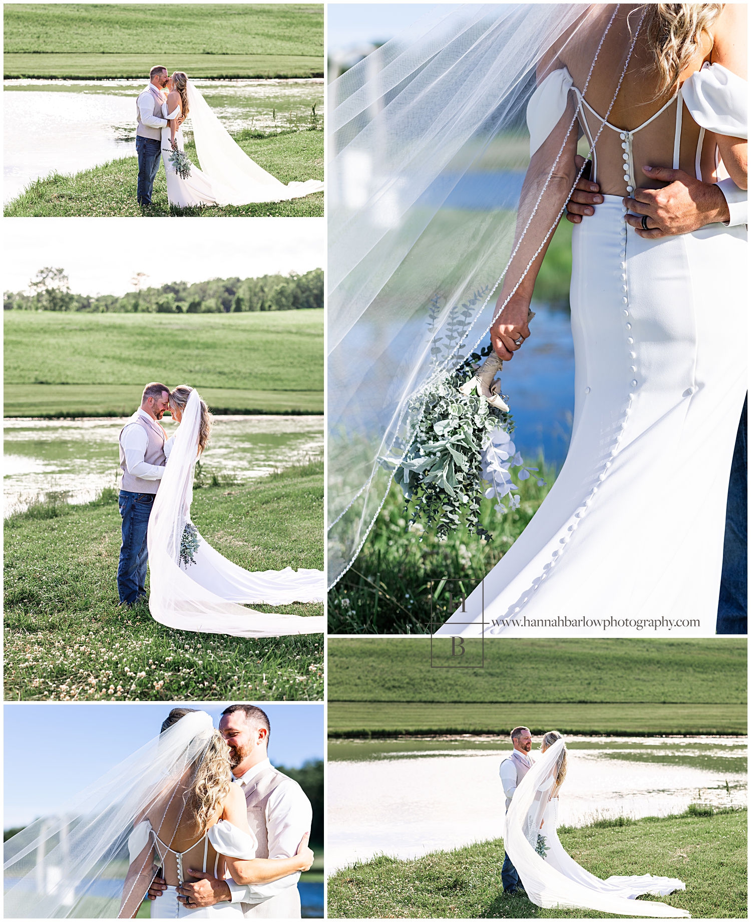 Groom embraces bride while they stand by lake for couple's wedding photos