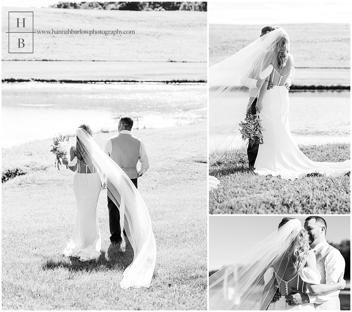 Black and white photos of bride and groom holding hands and walking