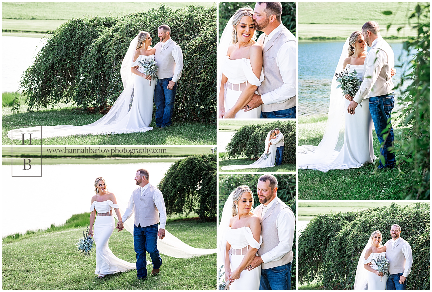 Bride and groom stand by bushes and pose for formal photos