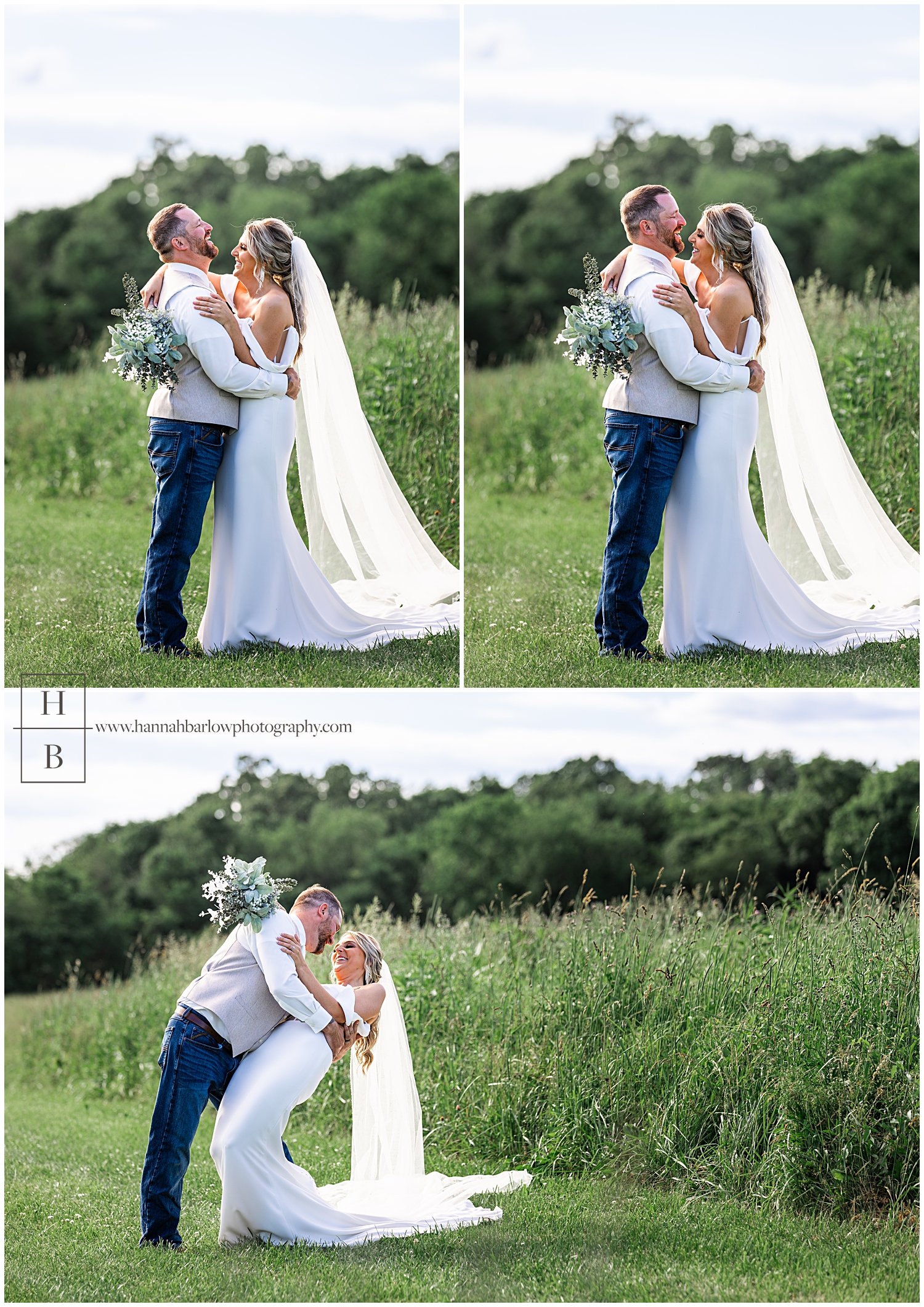 Groom embraces bride and laughs