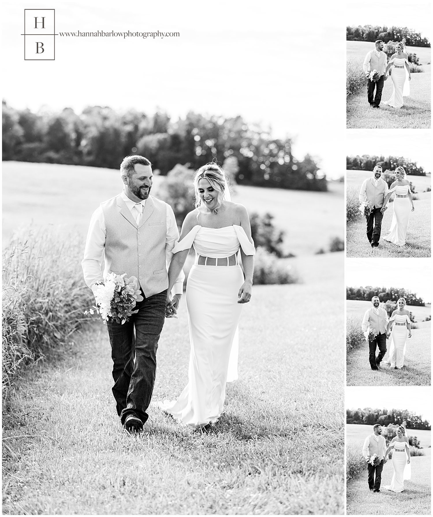 Black and white photos of bride and groom walking in Bramblewood wedding barn field