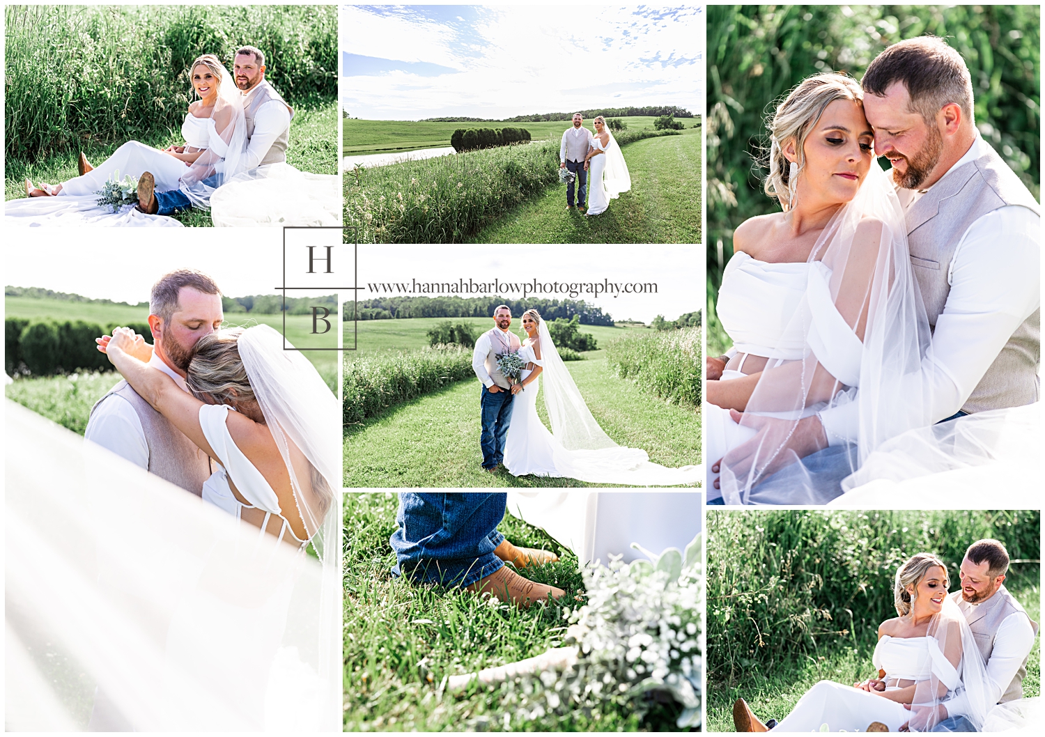 Bride and groom sit on ground in field and embrace