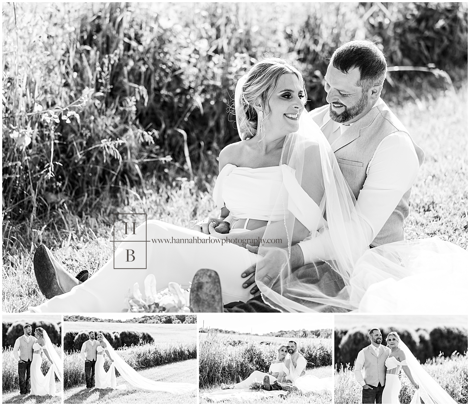 Black and white photos of bride and groom in field